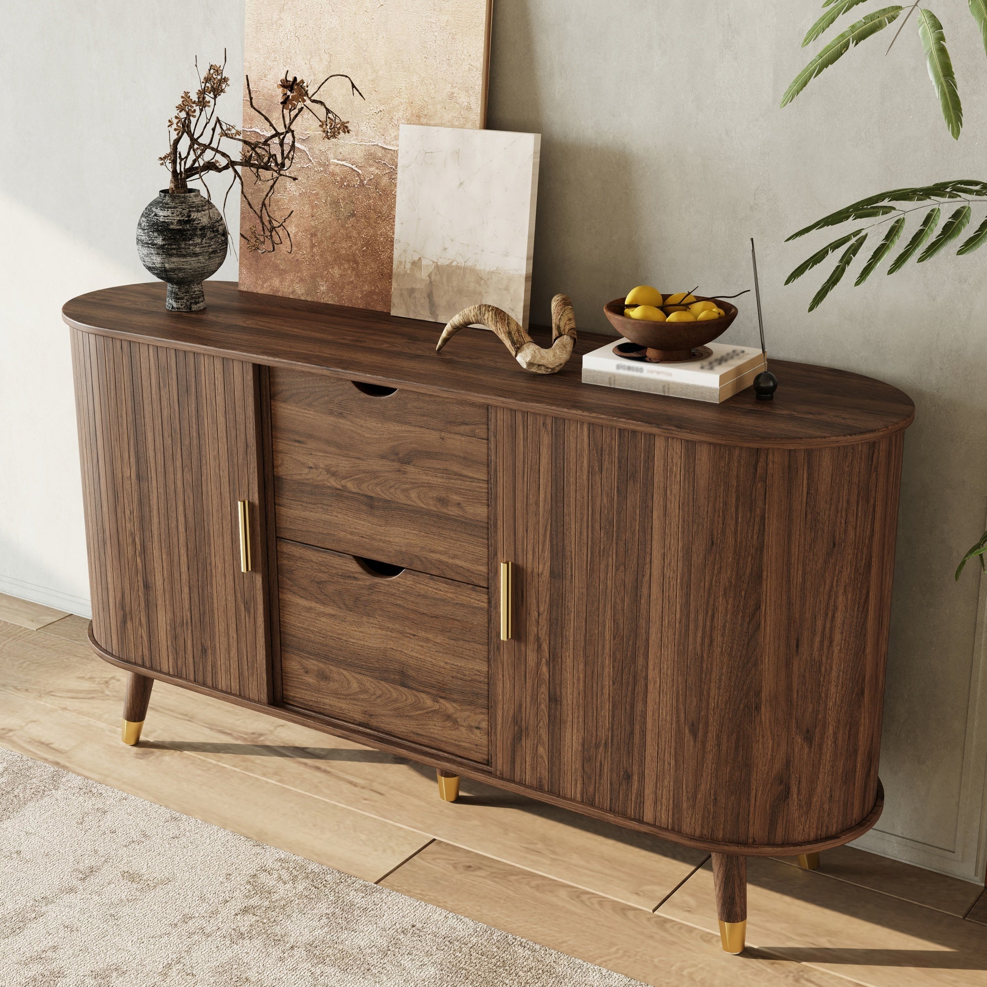 Sideboard with Sliding Doors, Drawers and Rounded Corners, Solid Wood Legs