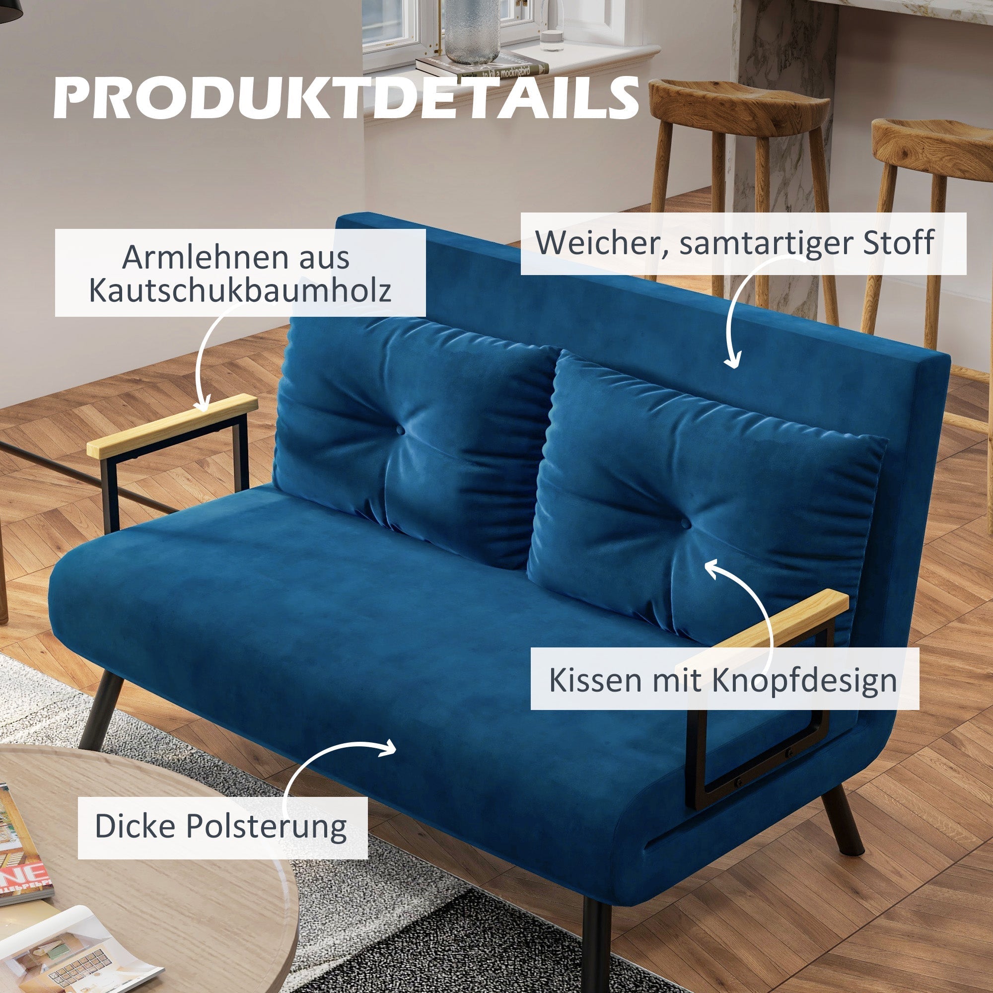 Sleeper Sofa Recliner, Fold-Out Bed Adjustable Backrest, Velvet Blue