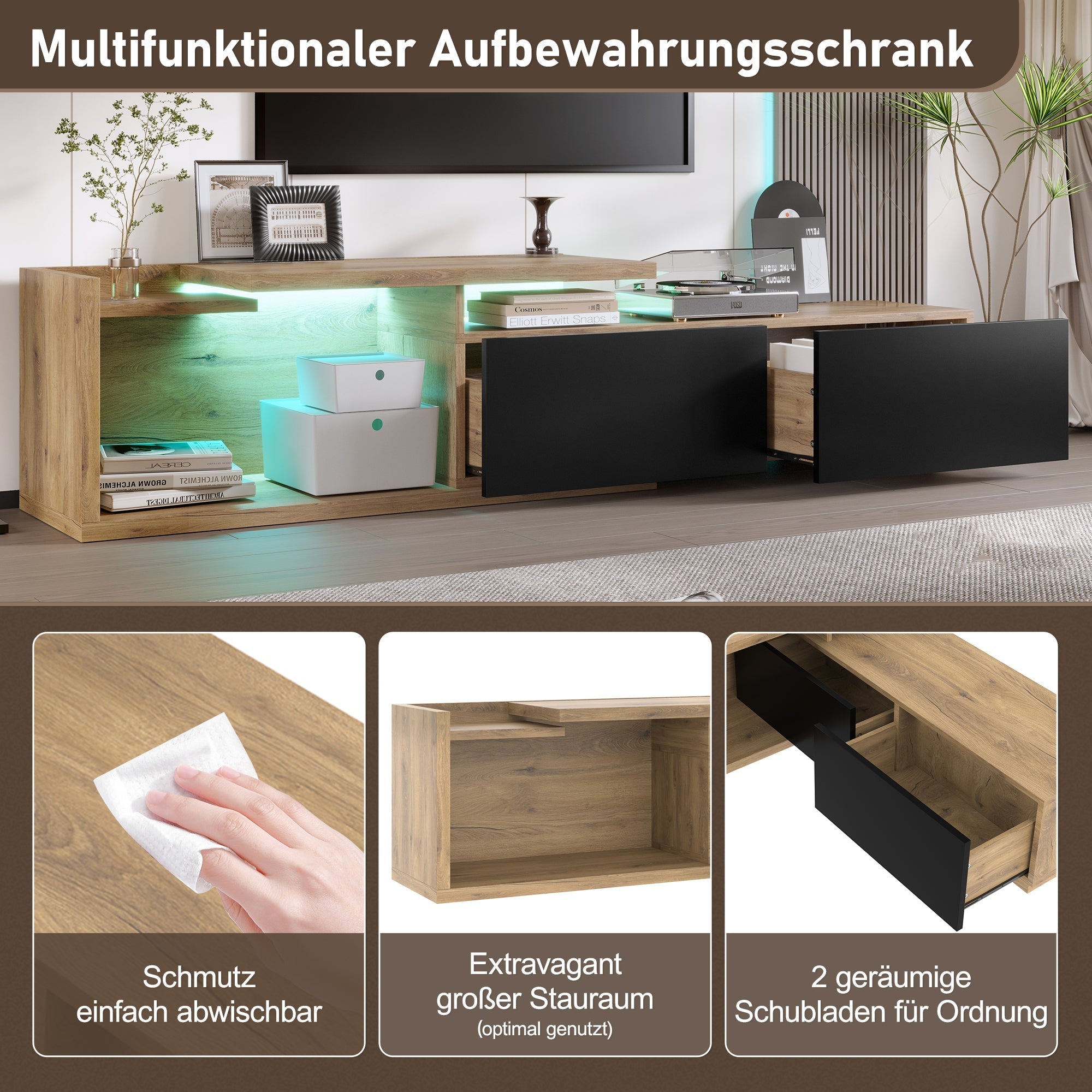 Modular TV Cabinet, Movable Module & LED Lighting, Extendable 2m