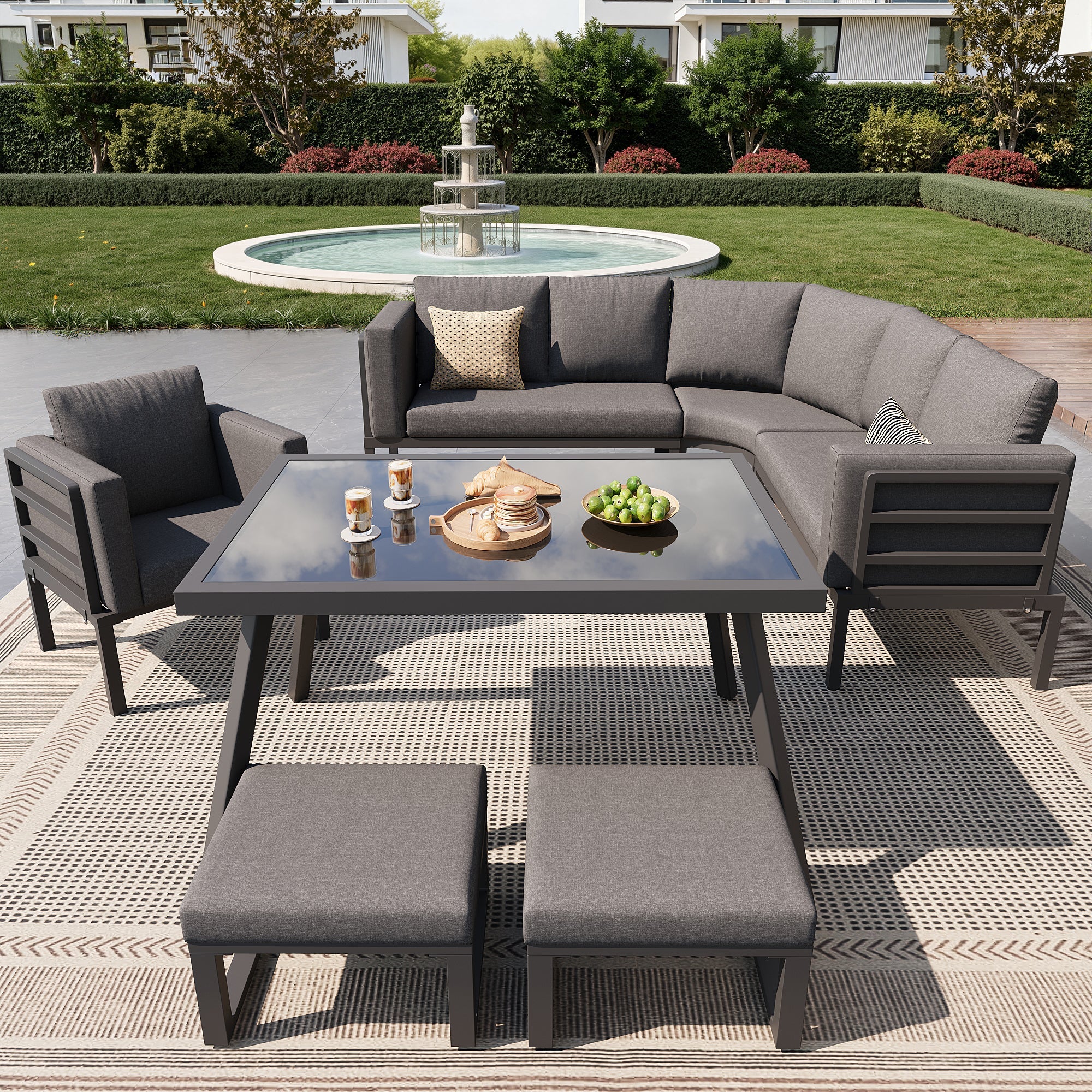 Garden Sofa Set Crescent 8-Person with Glass Table Weatherproof - Grey Cushions