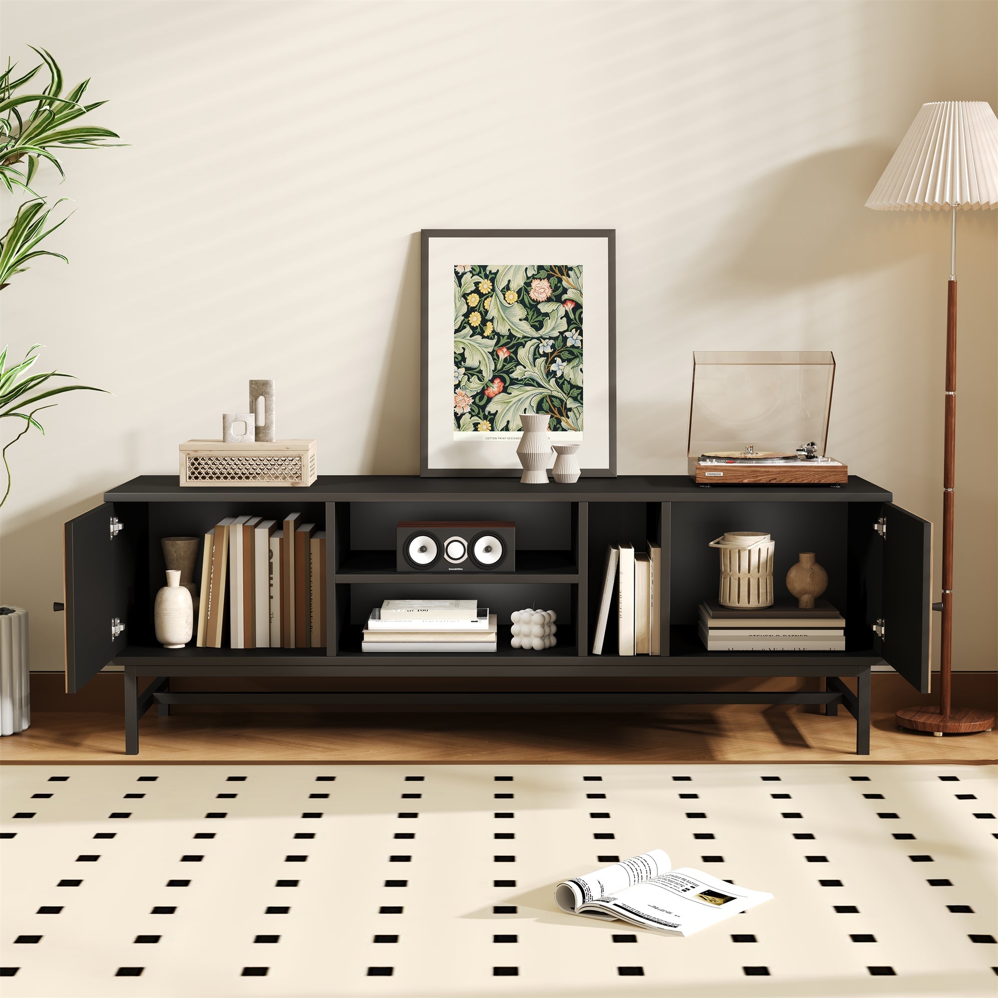 TV Cabinet 150 cm, Versatile Storage with Cabinets & Compartments, Black & Wood