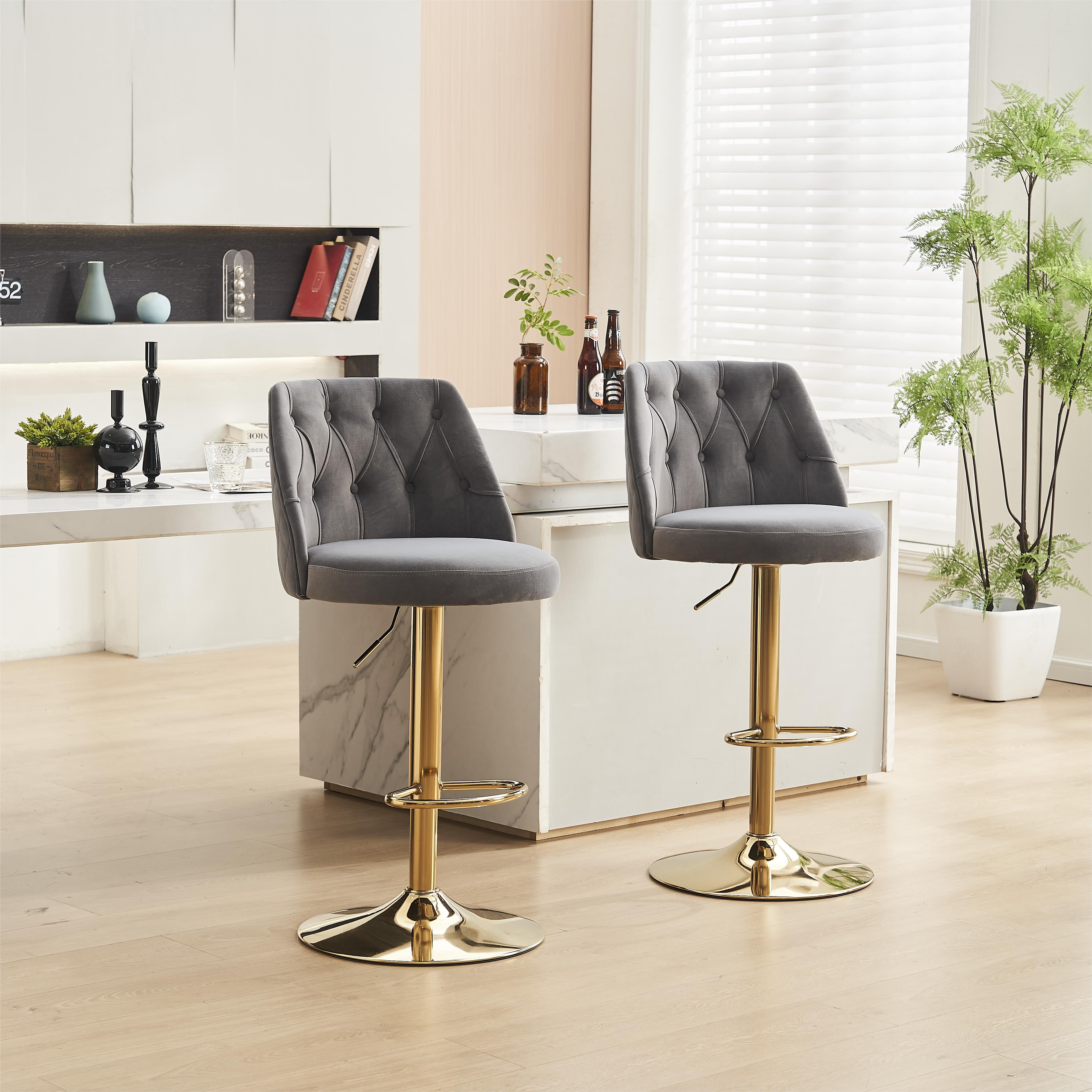 Modern Bar Stool Adjustable Height Tufted Backrest Footrest Set of 2, Velvet Grey