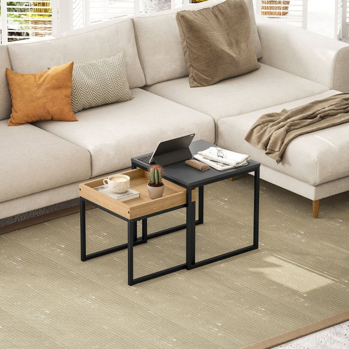 Modern Coffee Table, Set of 2 Sofa Tables, Square, MDF Metal Black