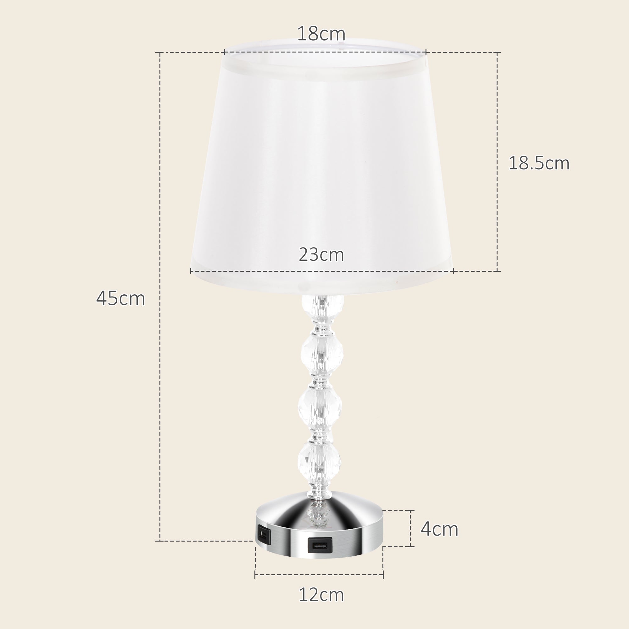 Table Lamp LED USB Rechargeable Crystal Bedside, Glass Silver