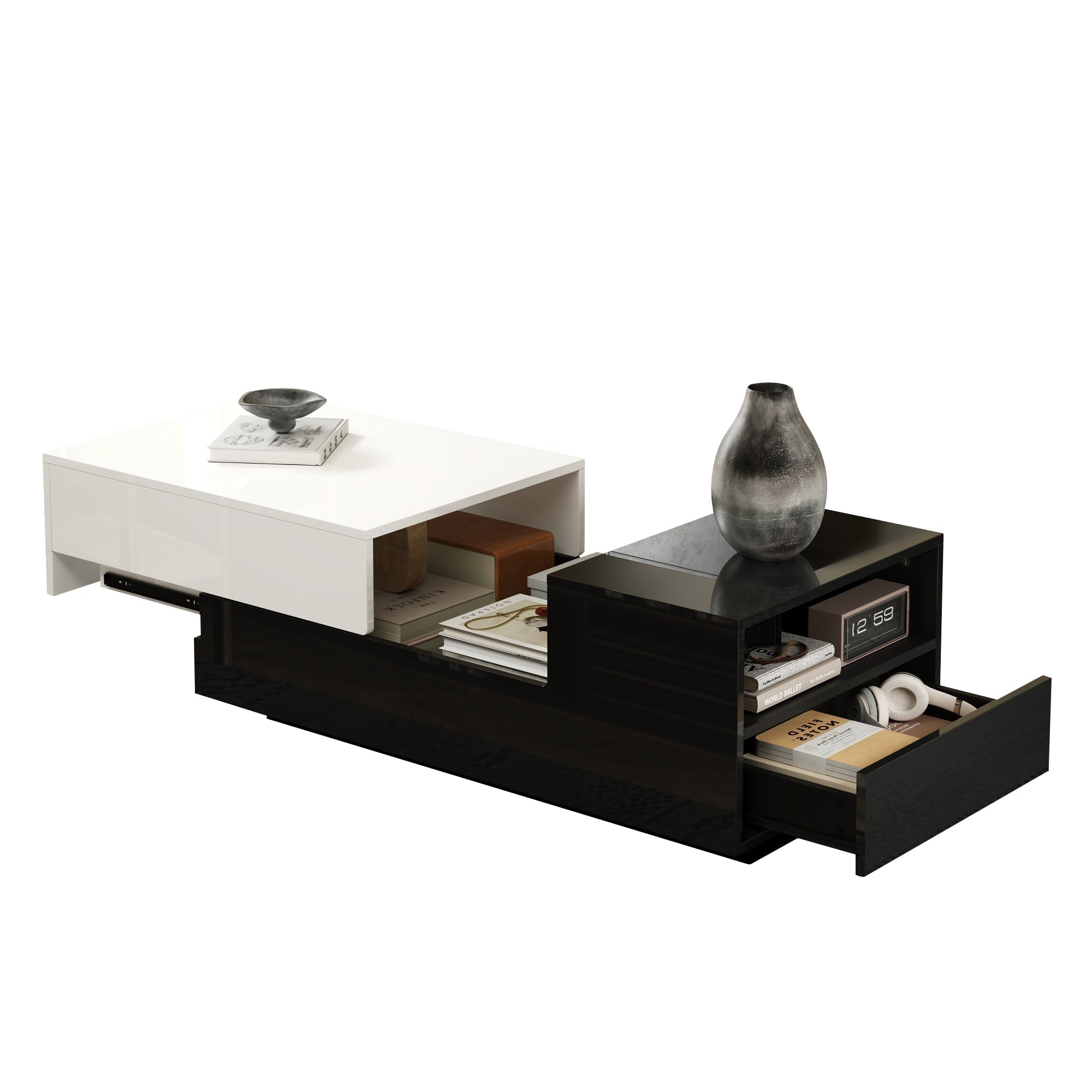 Coffee Table 100x50x38cm, High-Gloss with 1 Drawer & Sliding Top, Black and White Stitching