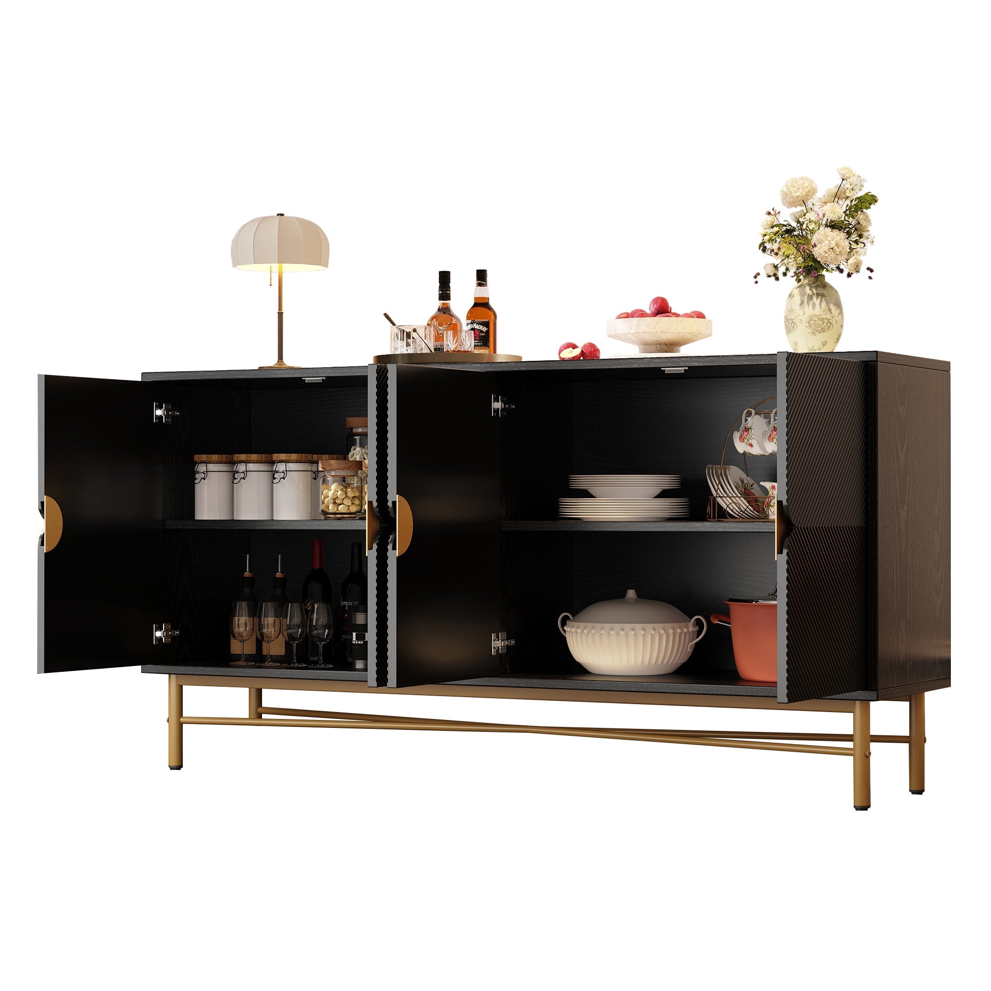 Sideboard Raised Texture 160cm, Cabinet Four Doors, Golden Brushed Handles and High-Gloss Table Legs, Black