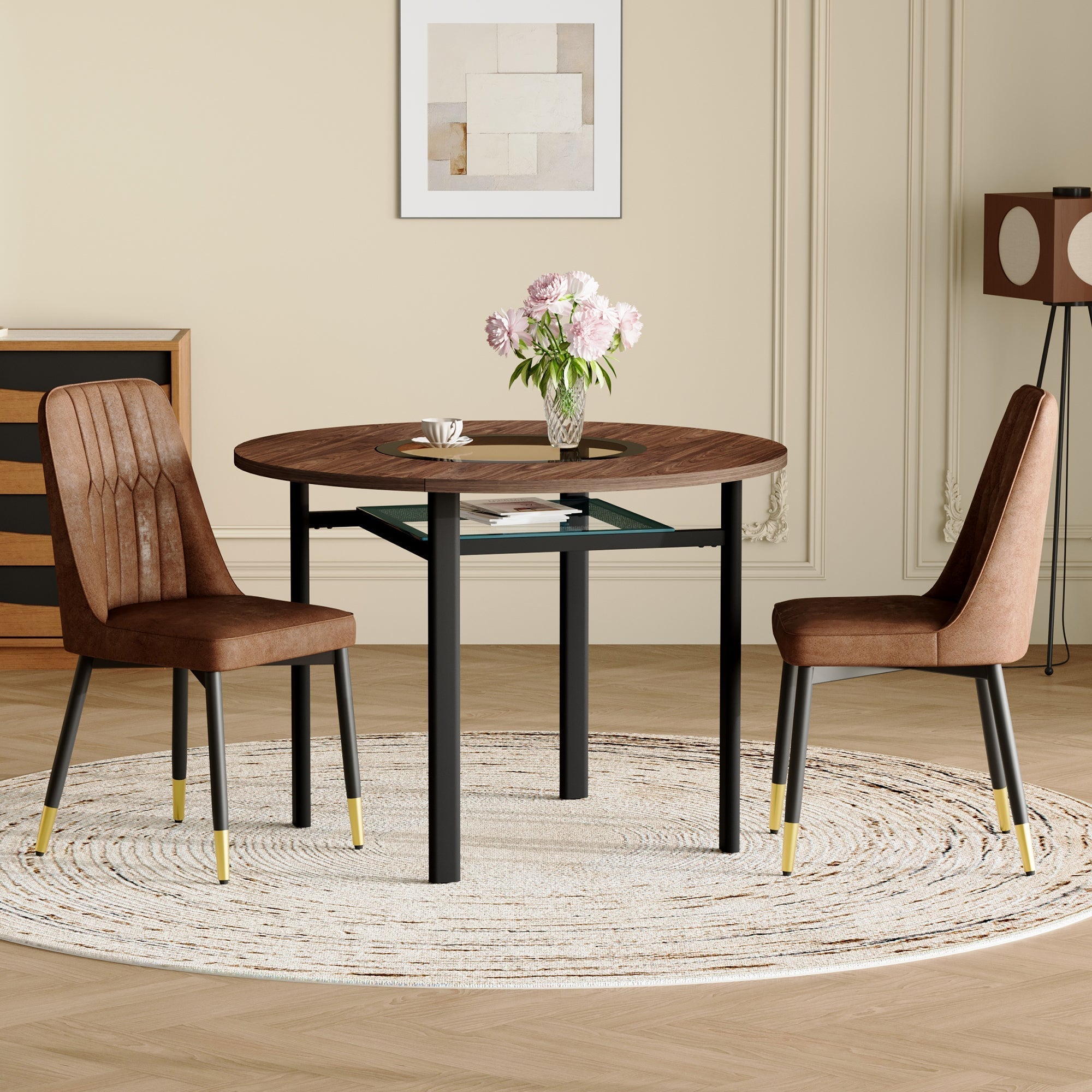 Dining Table Set Round Minimalist 100cm with 2 Chairs Wood Look Brown Tech Fabric