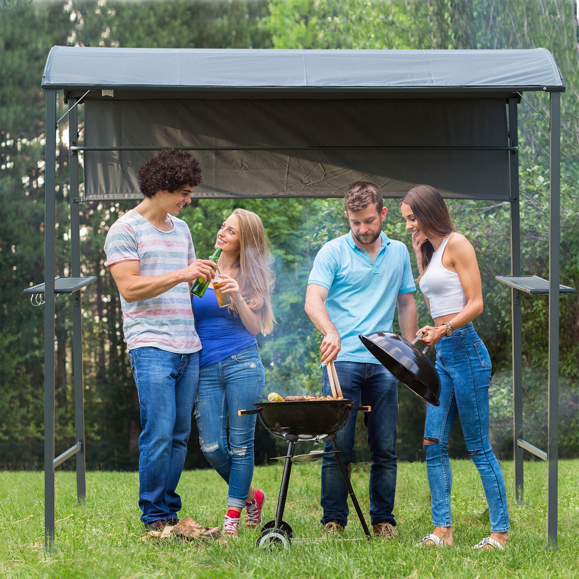 BBQ Shelter, Outdoor Grill Gazebo with Shelves & Hooks, Metal Frame