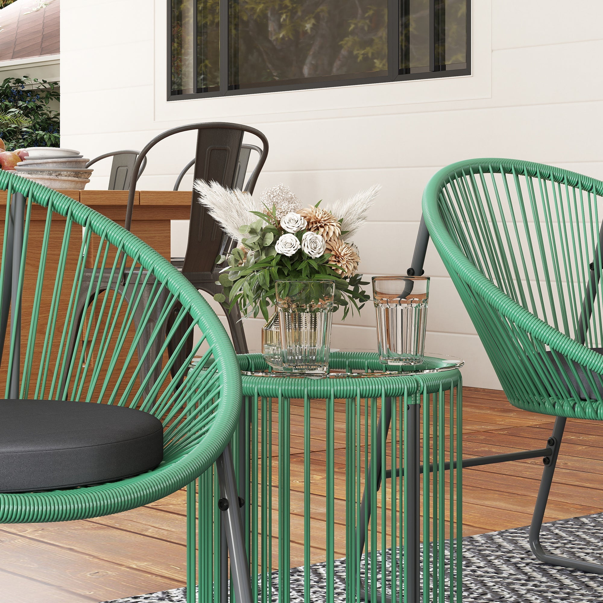 Polyrattan Garden Furniture Set Outdoor Lounge for 2 People 3-Piece Seating with 2 Chairs Side Table Cushions Weatherproof Green