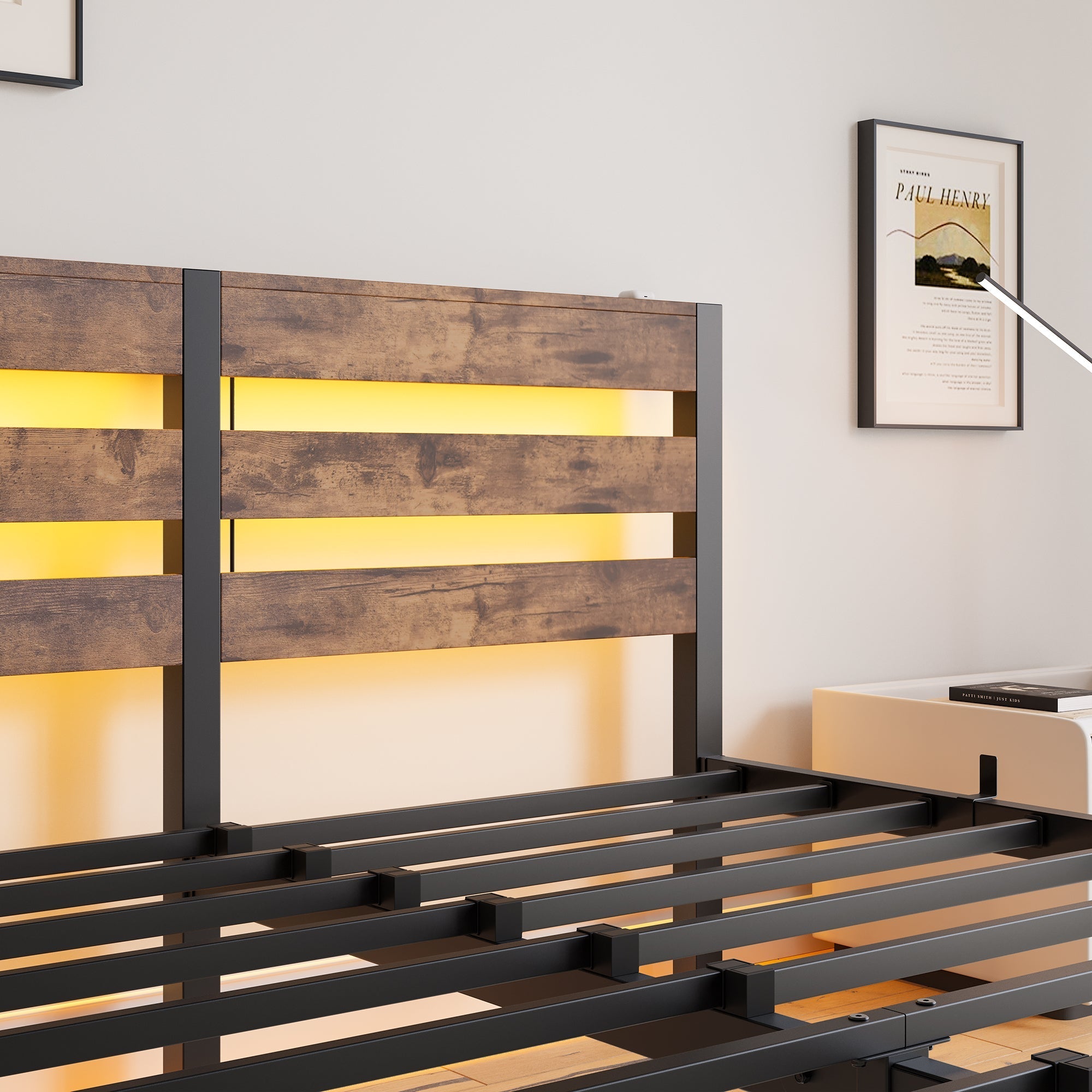 Metal Bed Frame 140x200cm, LED Lighting USB Charging Station Under-Bed Storage, Metal