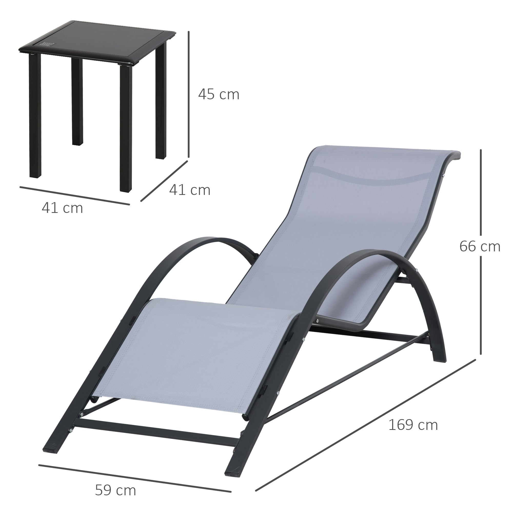 3 Pieces Lounge Chair Set Metal Frame Outdoor Recliner with Table, Light Grey