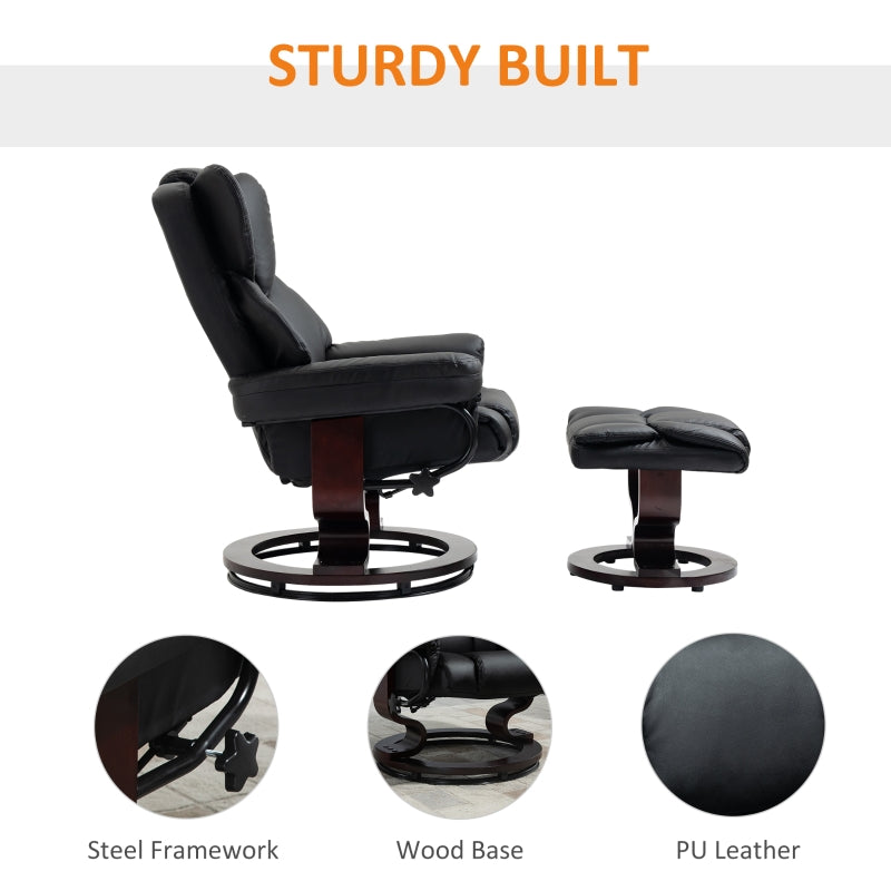 360° Swivel Recliner Chair with Footstool, Manual Recliner Armchair, Black PU Leather