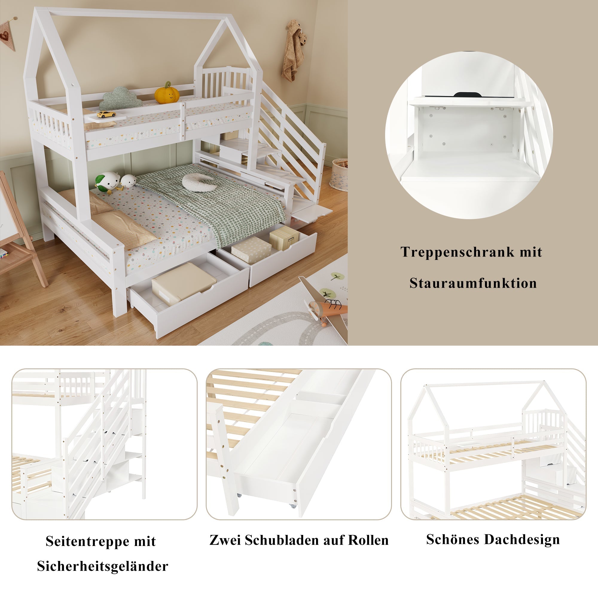Bunk Bed Children's, Two Drawers Roof Design Safety Railing Stair Cupboard, 90x200cm & 140x200cm, Pine + MDF + Plywood White