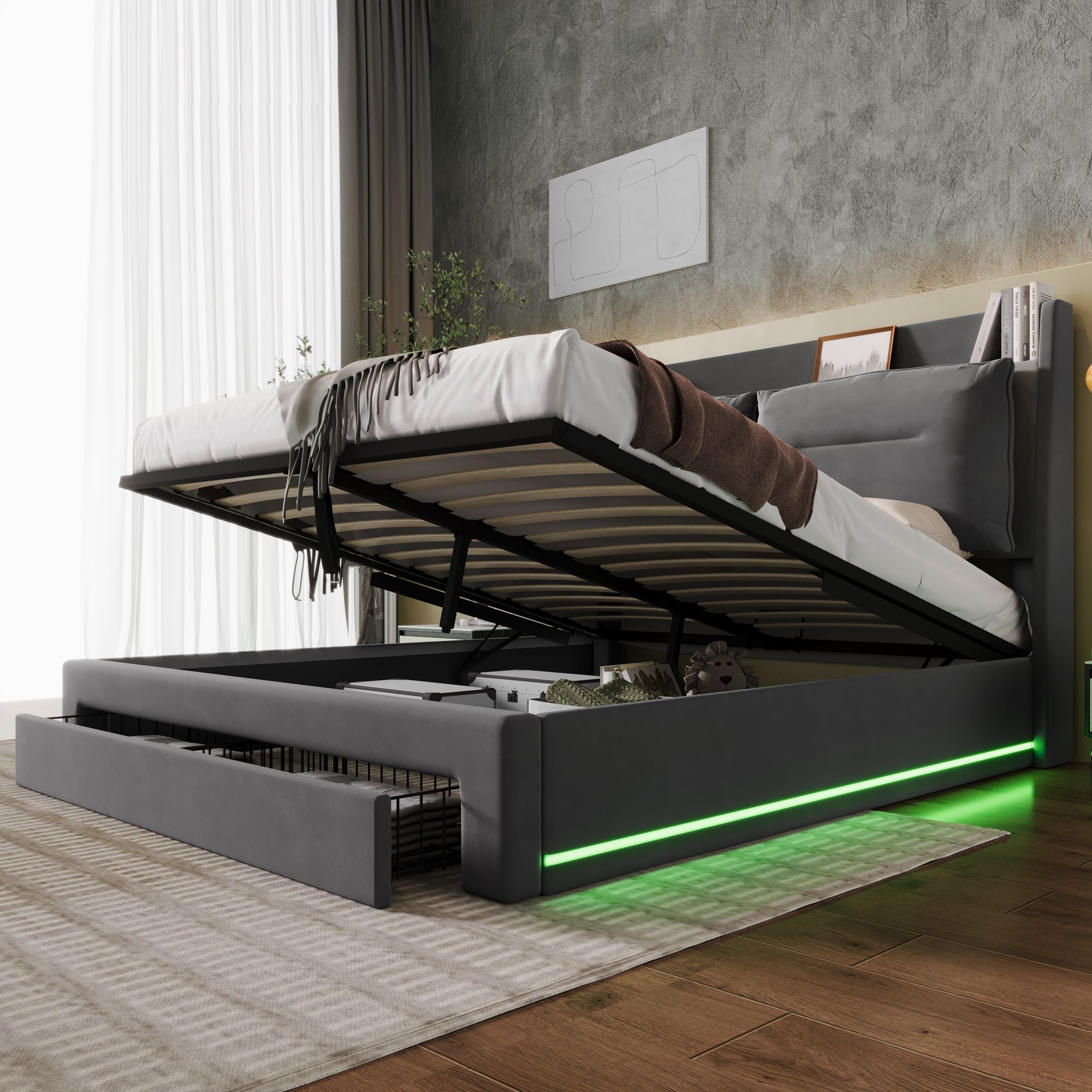Upholstered Bed 160x200cm Hydraulic Storage 2-in-1 Drawers LED - Velvet Dark Grey