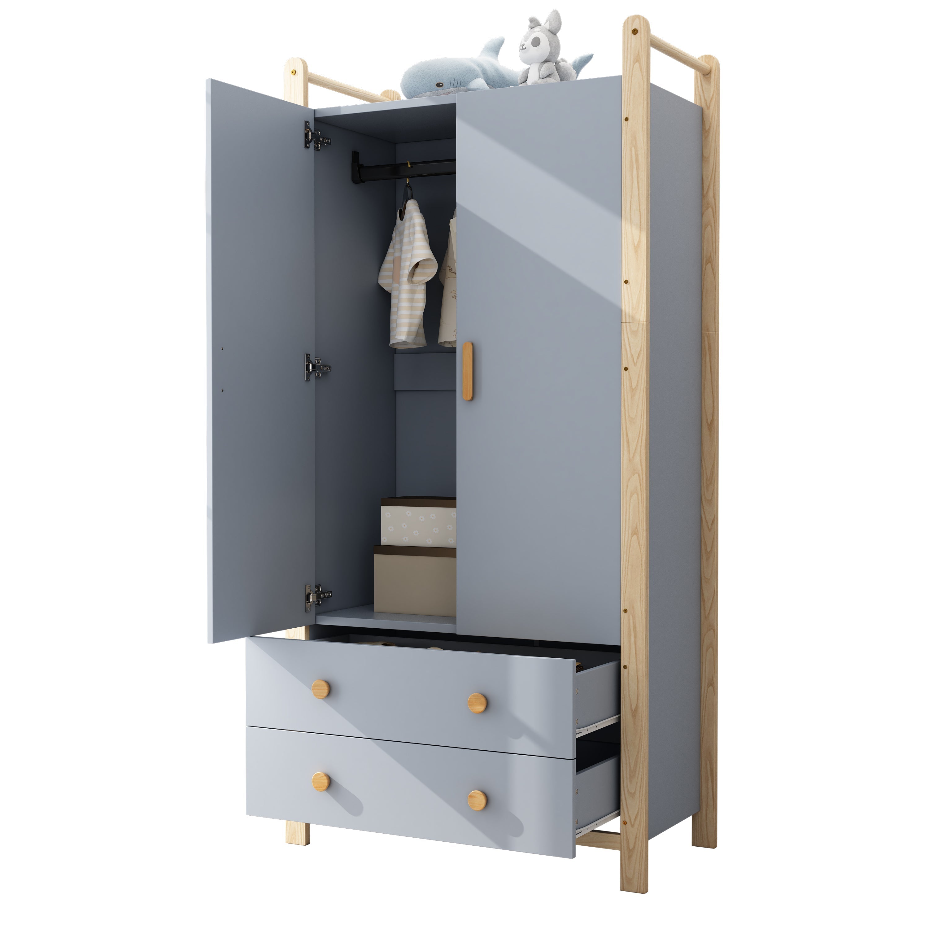 Wardrobe 2-Door with Clothes Rail and 2 Drawers, Blue Chipboard + Pine Frame