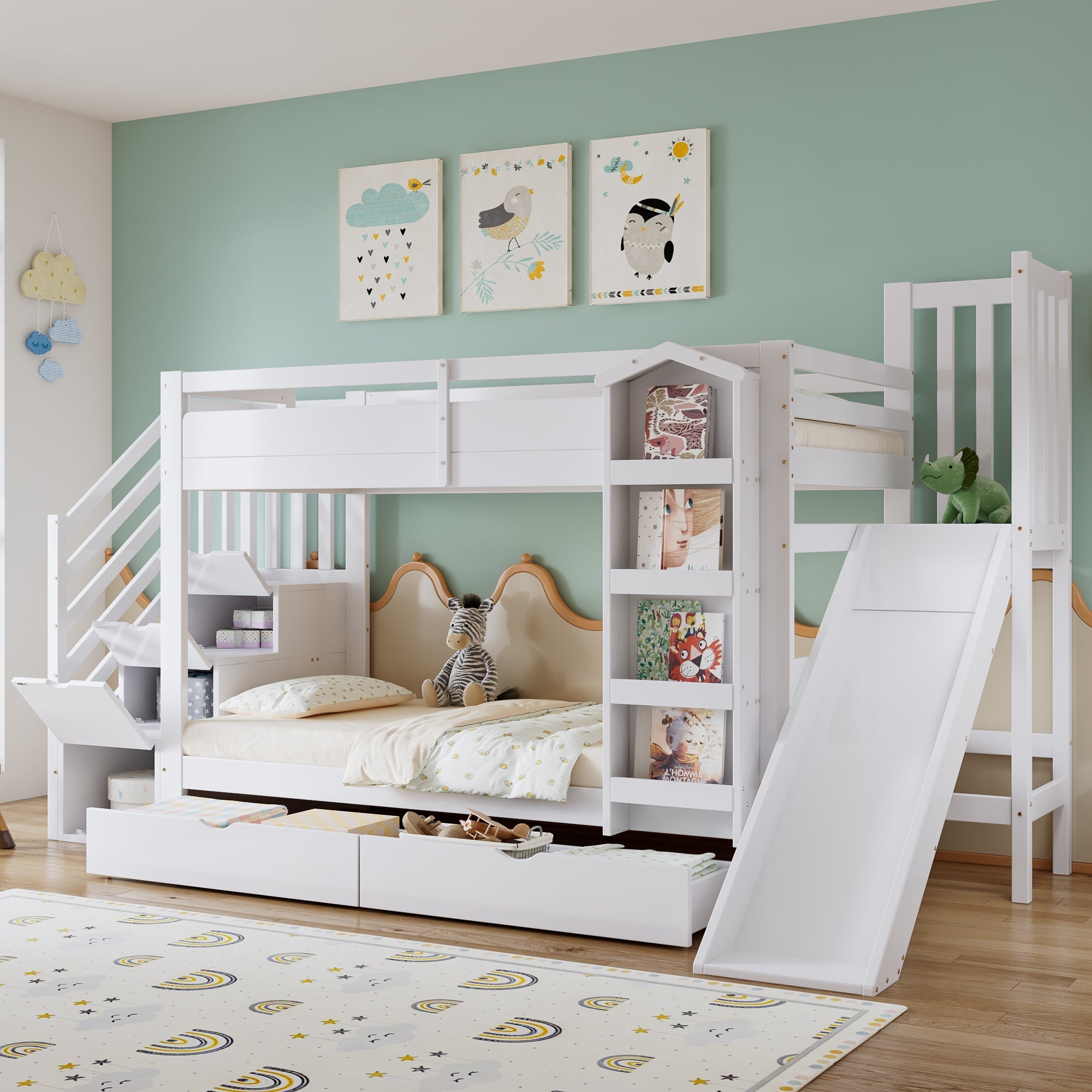 Bunk Bed with Slide, Stair Storage, Bookshelf and Drawers, 90x200cm, White Pine + MDF