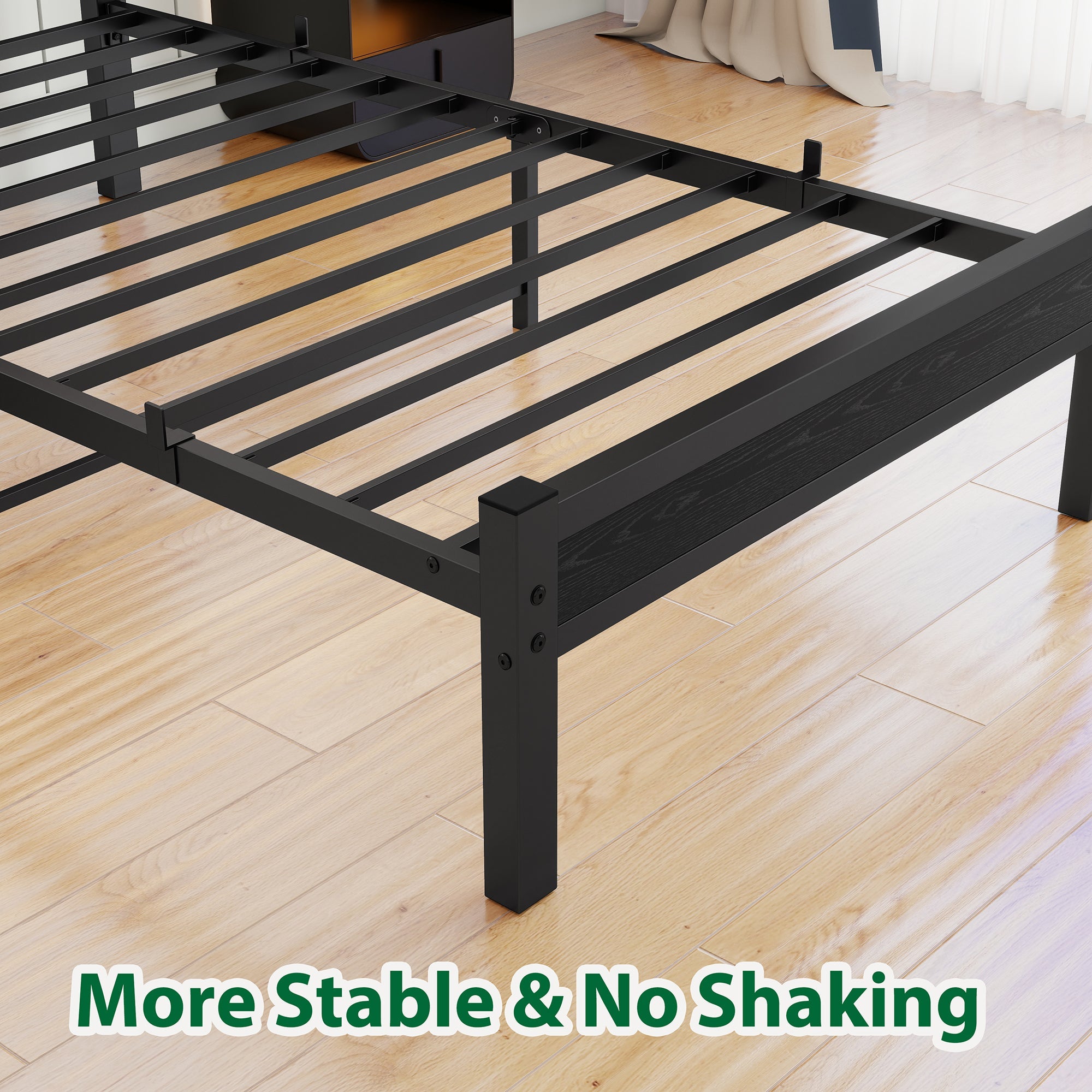 Single Metal Bed Frame 90x200cm, Storage Headboard, Noiseless Platform - Black