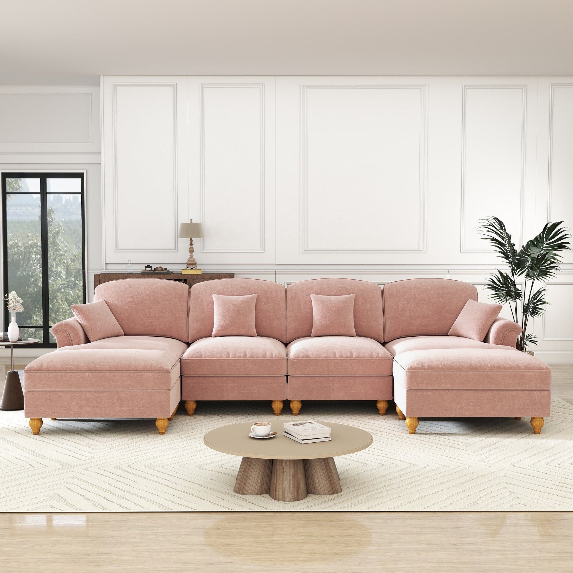 U-shaped Modular Sofa 4-Seater Chenille with Ottoman - Pink