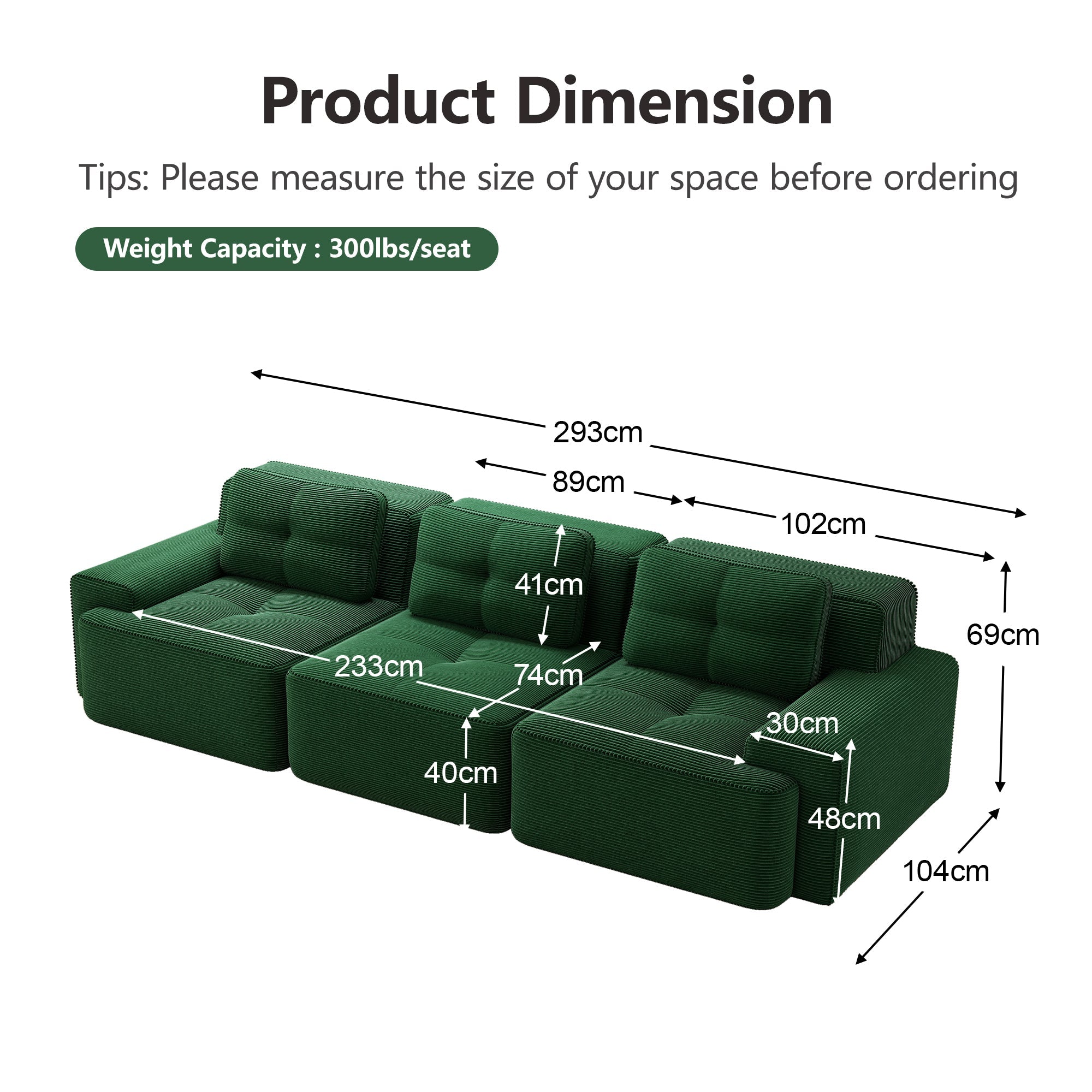 Cloud Modular Sofa Oversized Corner 3-Seater Low Seat Assembly-Free - Corduroy Green
