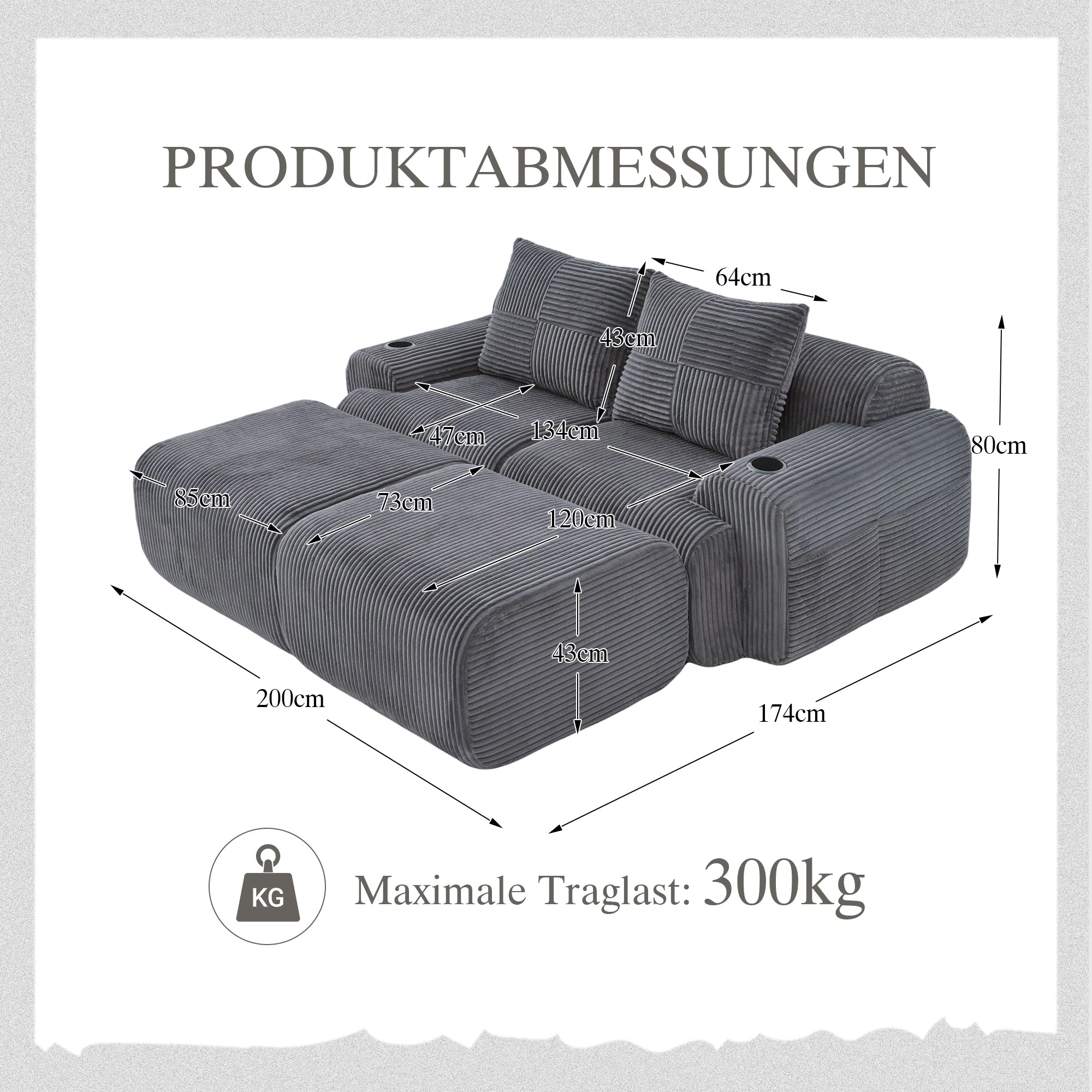 Modular 2-Seater Corduroy Sofa with Ottomans, Cup Holders and Storage Pocket, Dark Grey