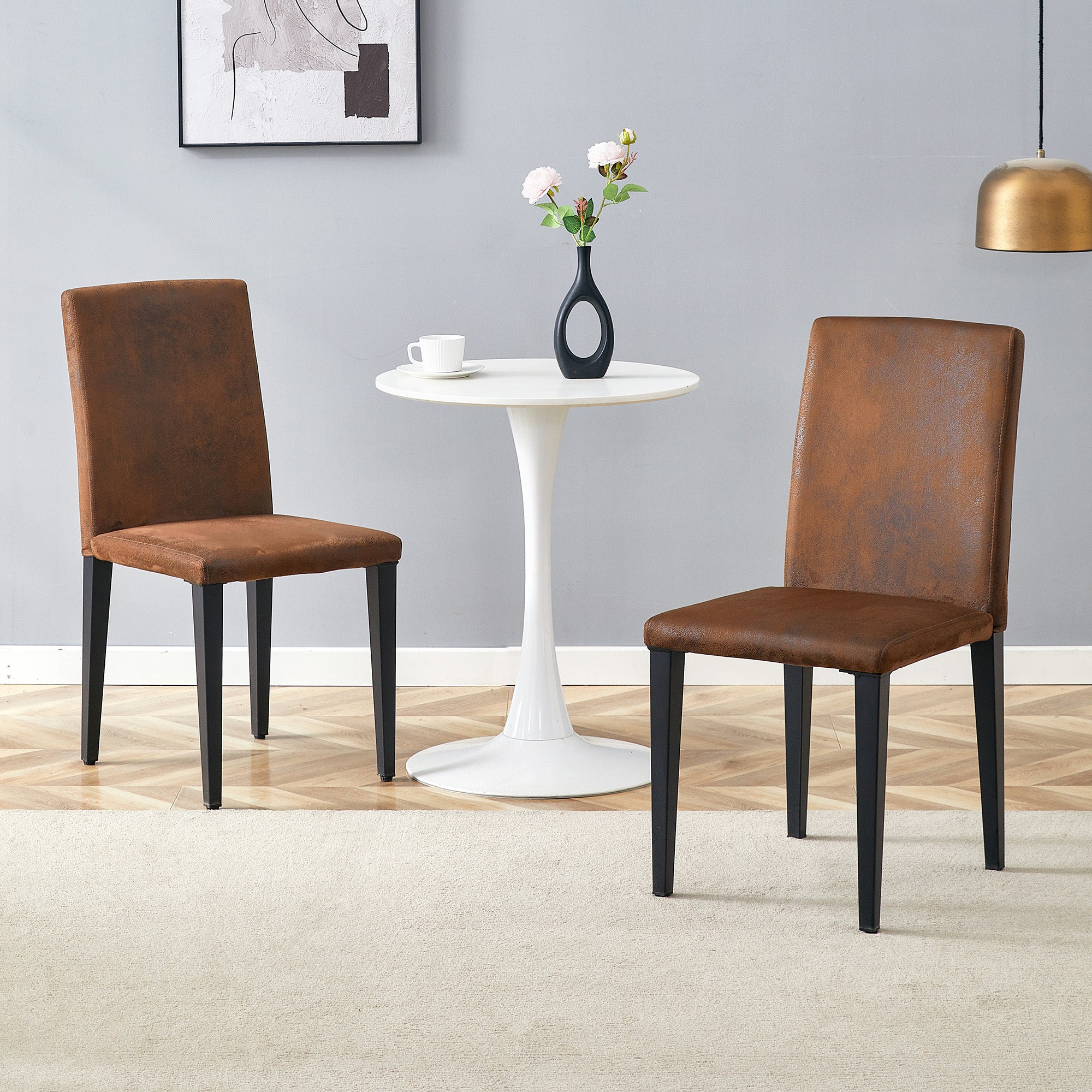 Minimalist Dining Chairs Set of 2 with Metal Legs, Brown Woven Fabric