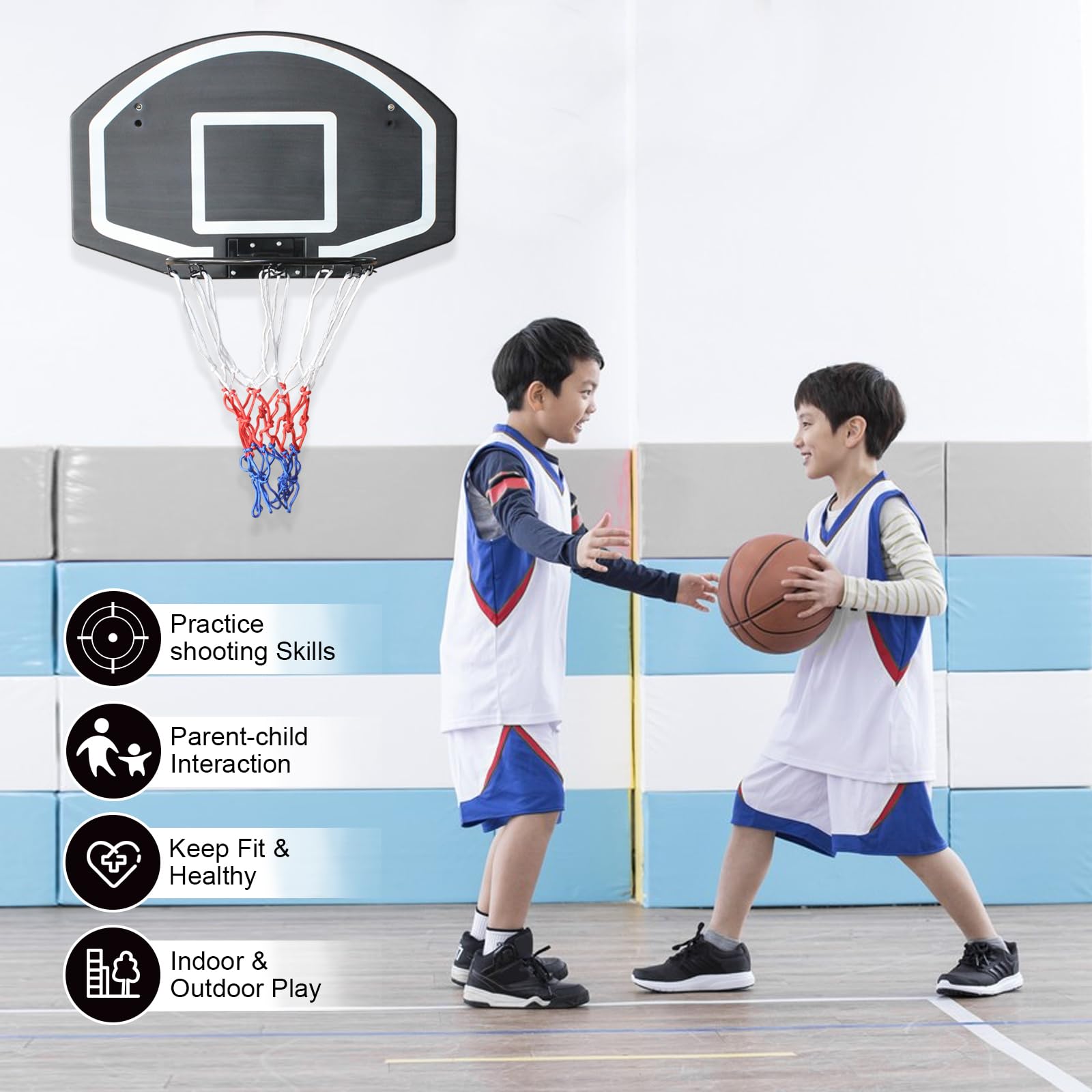 Basketball Hoop Wall/Door Mount Indoor/Outdoor Shatter-Proof Backboard - Black