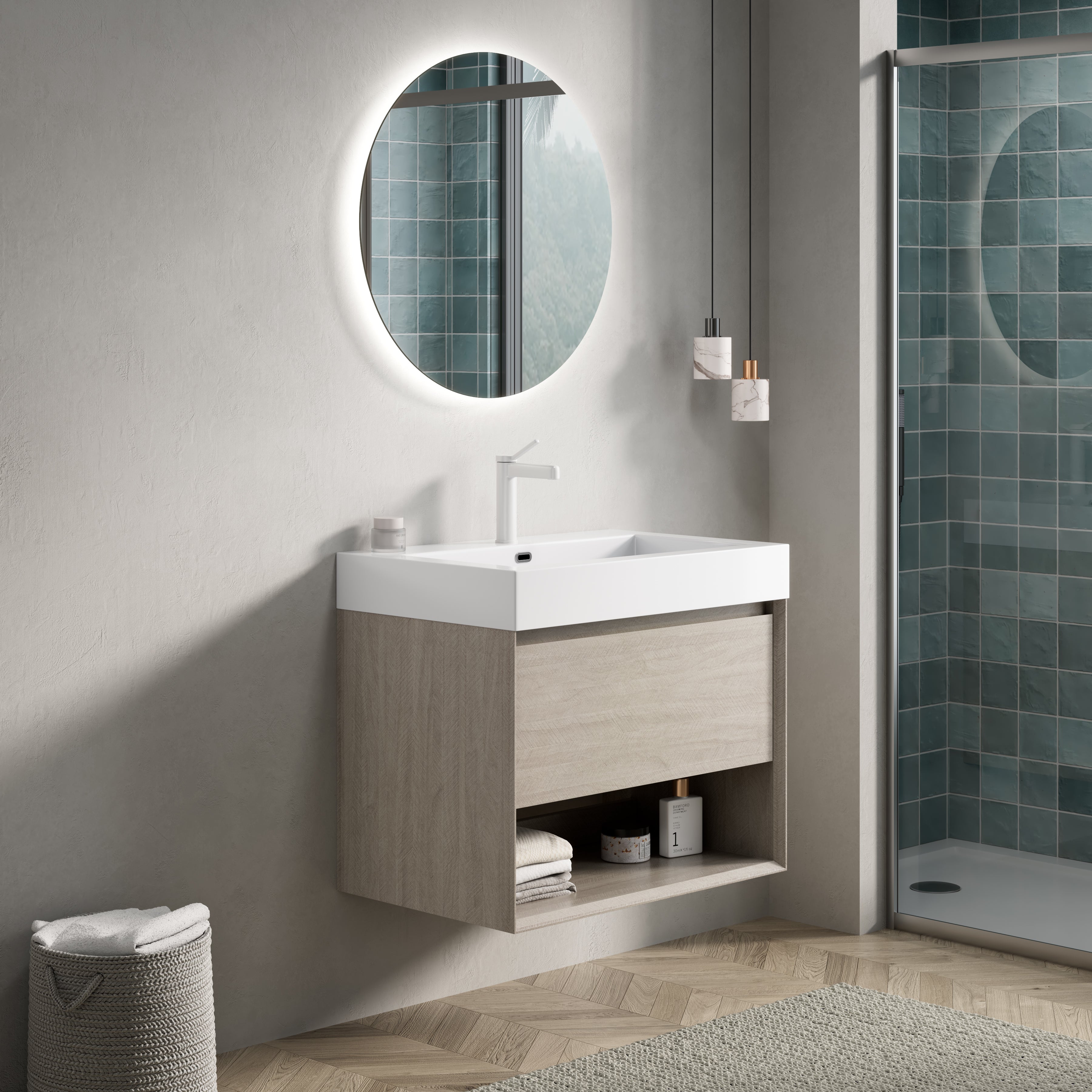 Wall-Mounted Bathroom Vanity Unit with Integrated Resin Basin, Drawer and Shelf, Light Oak Wood Grain