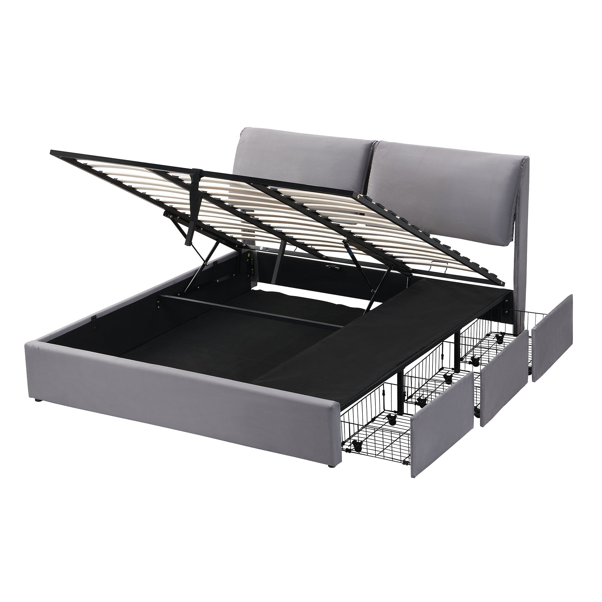 Upholstered Bed with Hydraulic Lift, 3 Drawers and Storage, 180x200cm, Grey Velvet
