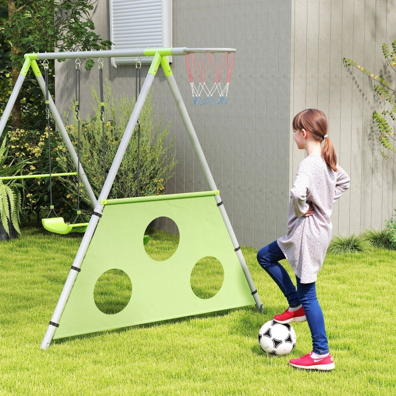 AIYAPLAY 3 in 1 Swing Set, Outdoor with 2 Swings, Basketball Hoop, Soccer Goal, Metal Frame