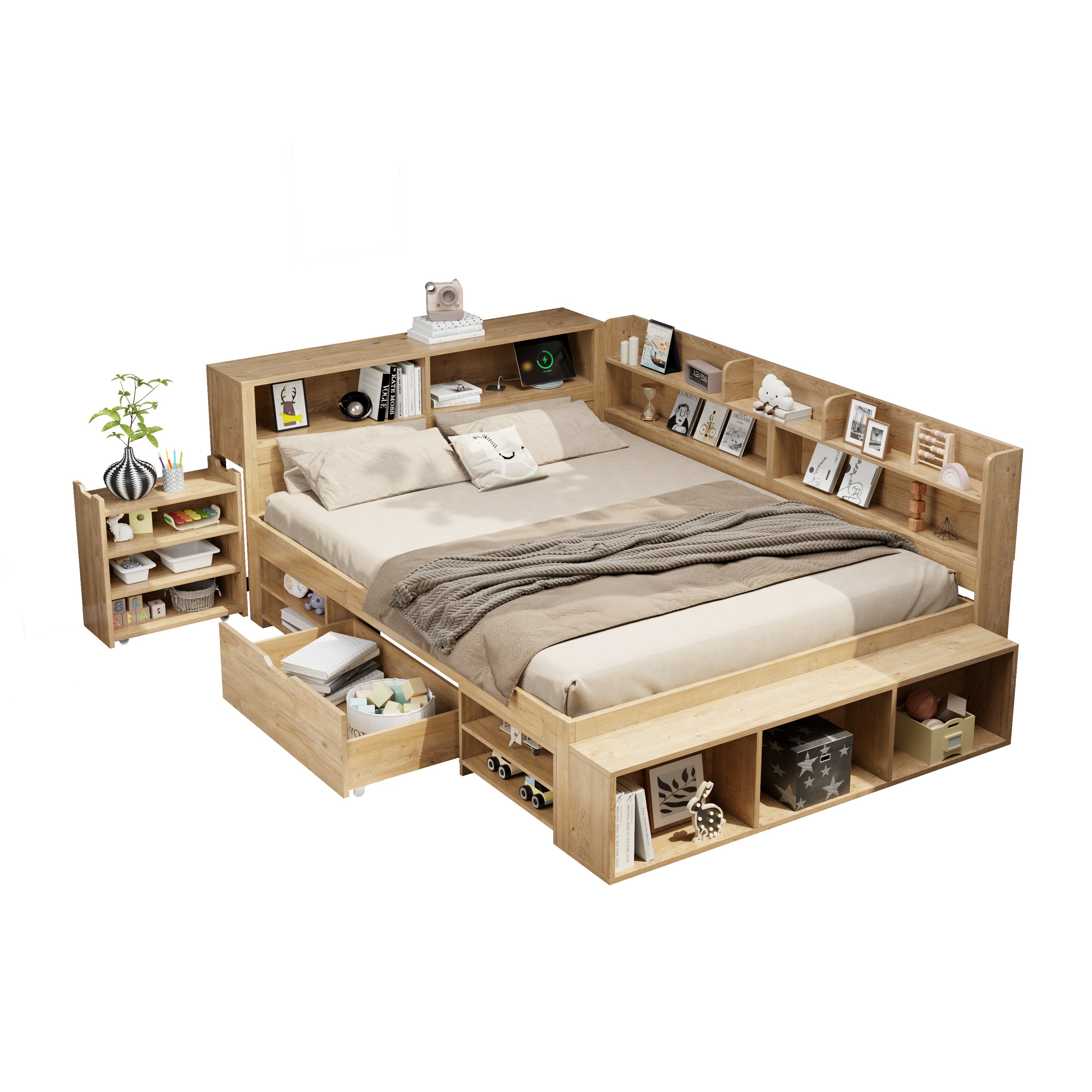 Children's Storage Bed 140x200cm Multifunctional Wireless Charging Drawers & Shelves - Natural