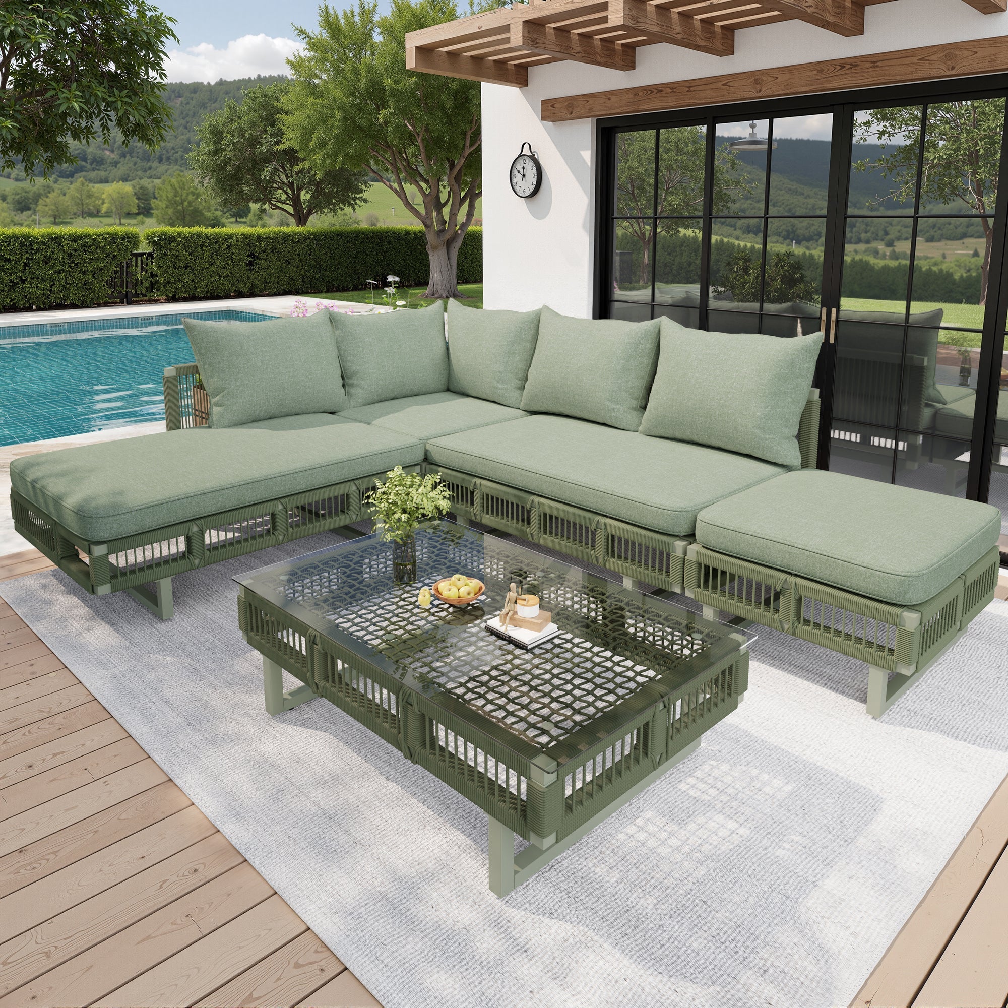 Outdoor Seating Group with Rope Weave, Adjustable Feet and Glass Coffee Table, Beige/Green