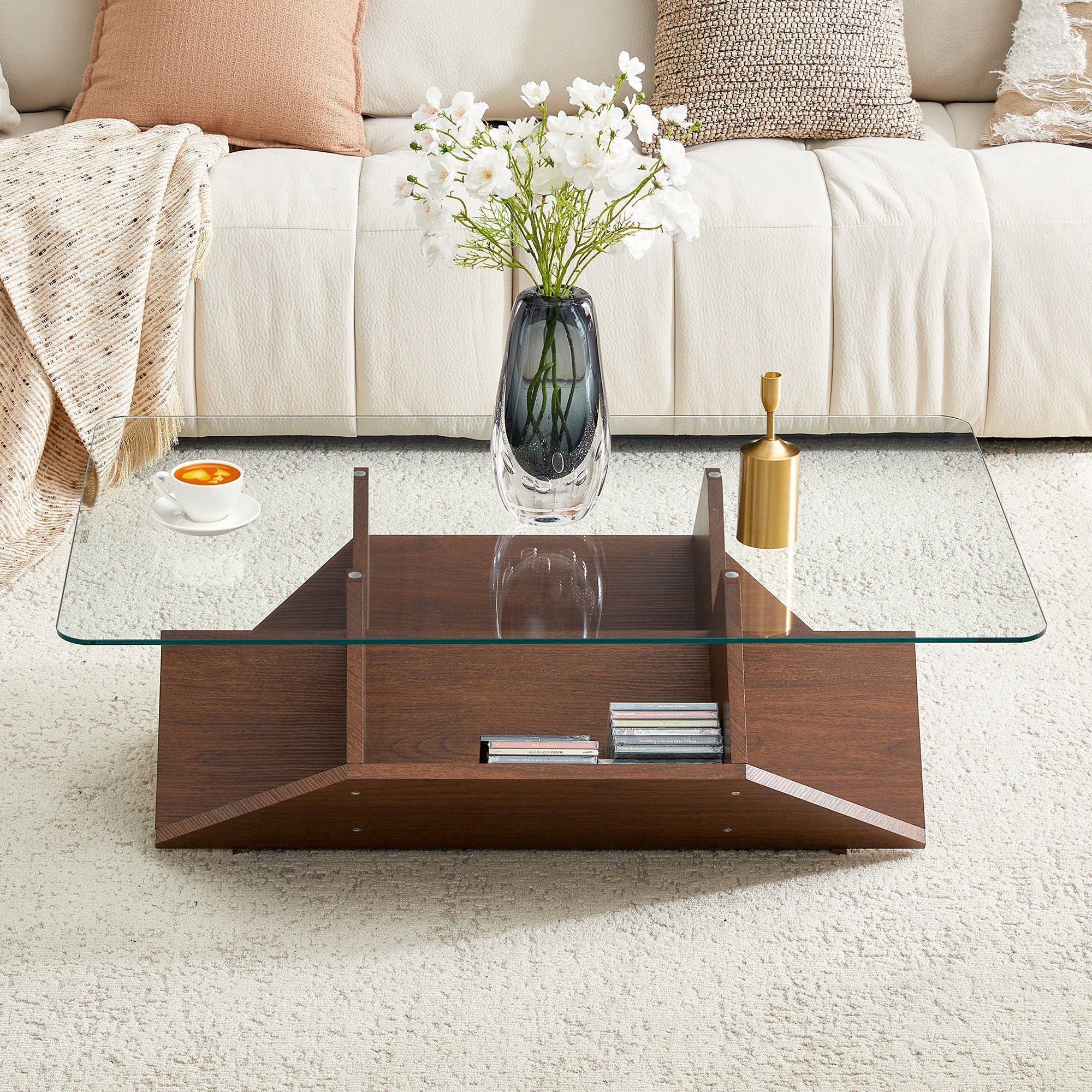 Multi-Storage Coffee Table with Tempered Glass and Spacious Compartments, Walnut Finish MDF