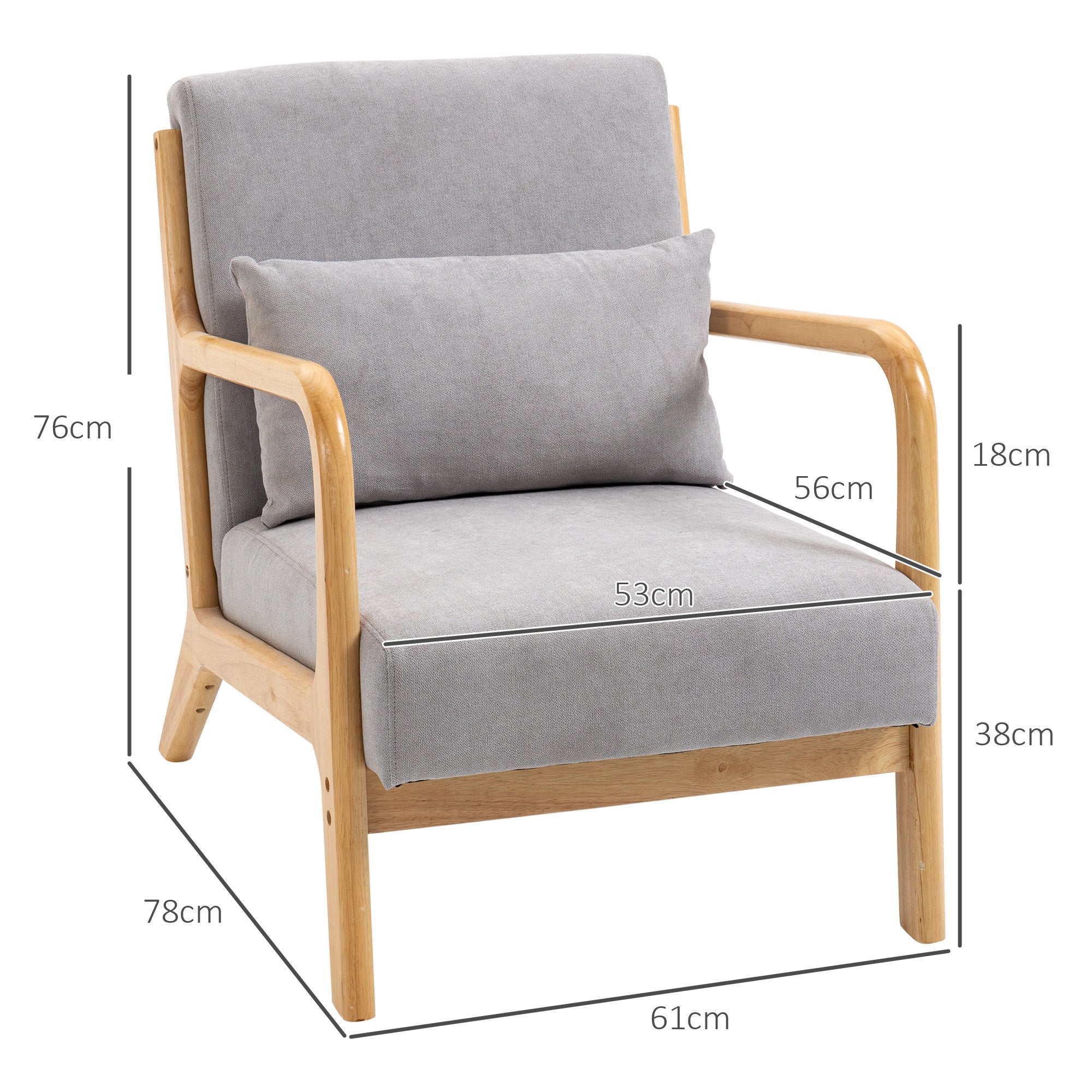 Armchair Lounge Chair Lumbar Cushion S-Spring Wooden Frame, Grey Velvet Look