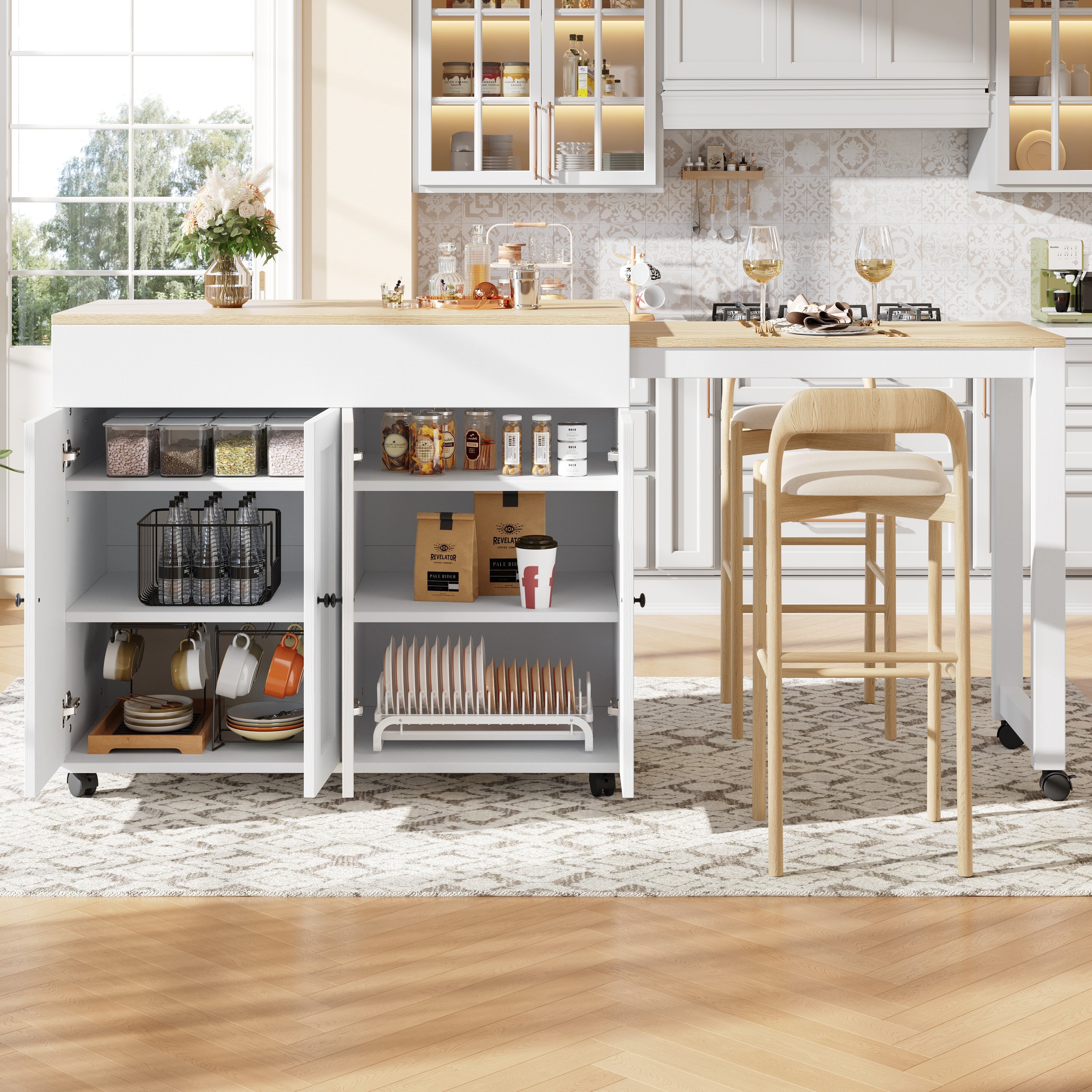 Modern Extendable Bar Table, Dining Table with Storage and Six Shelves, White