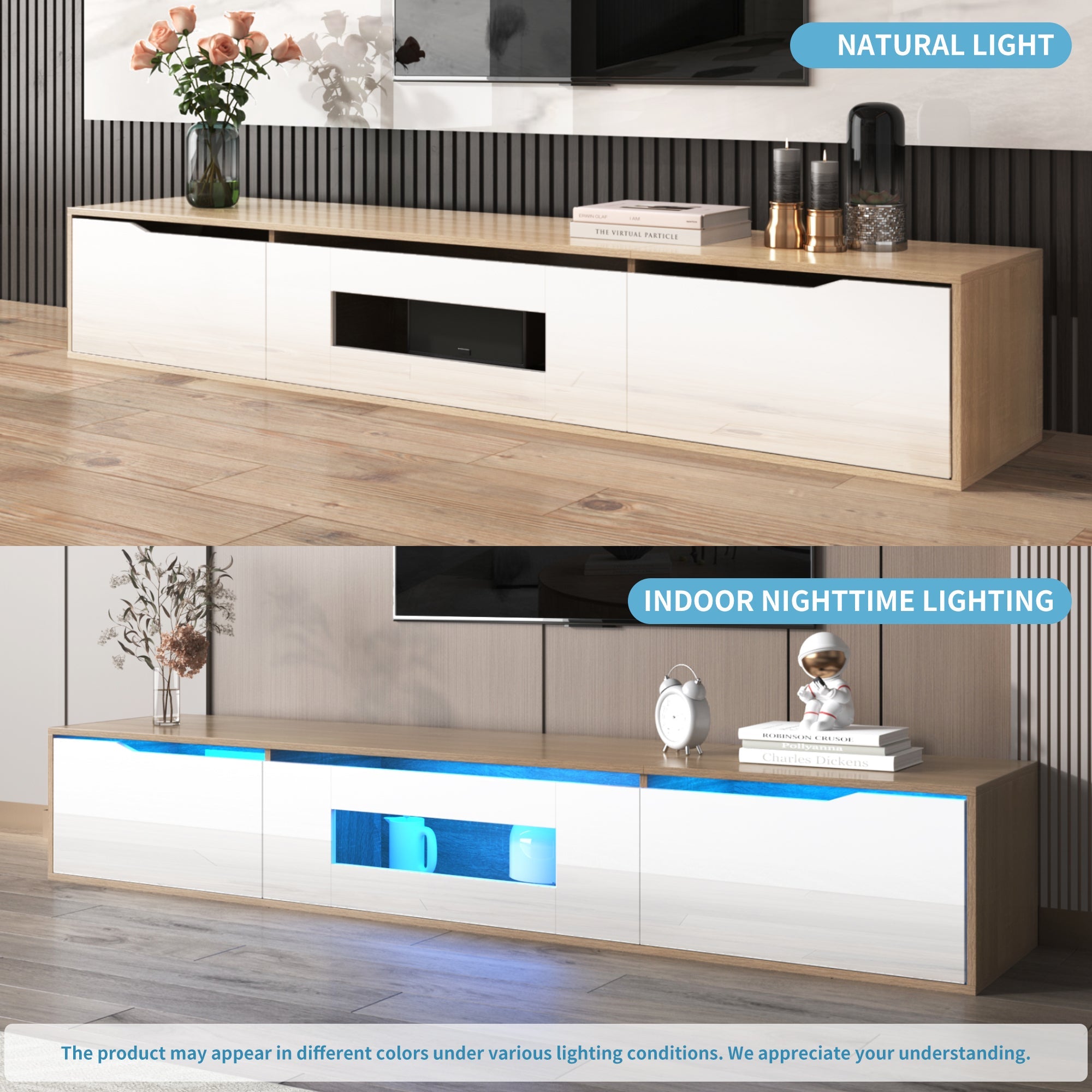 TV Cabinet, High Gloss with Color Changing LED Light, White and Wood Color