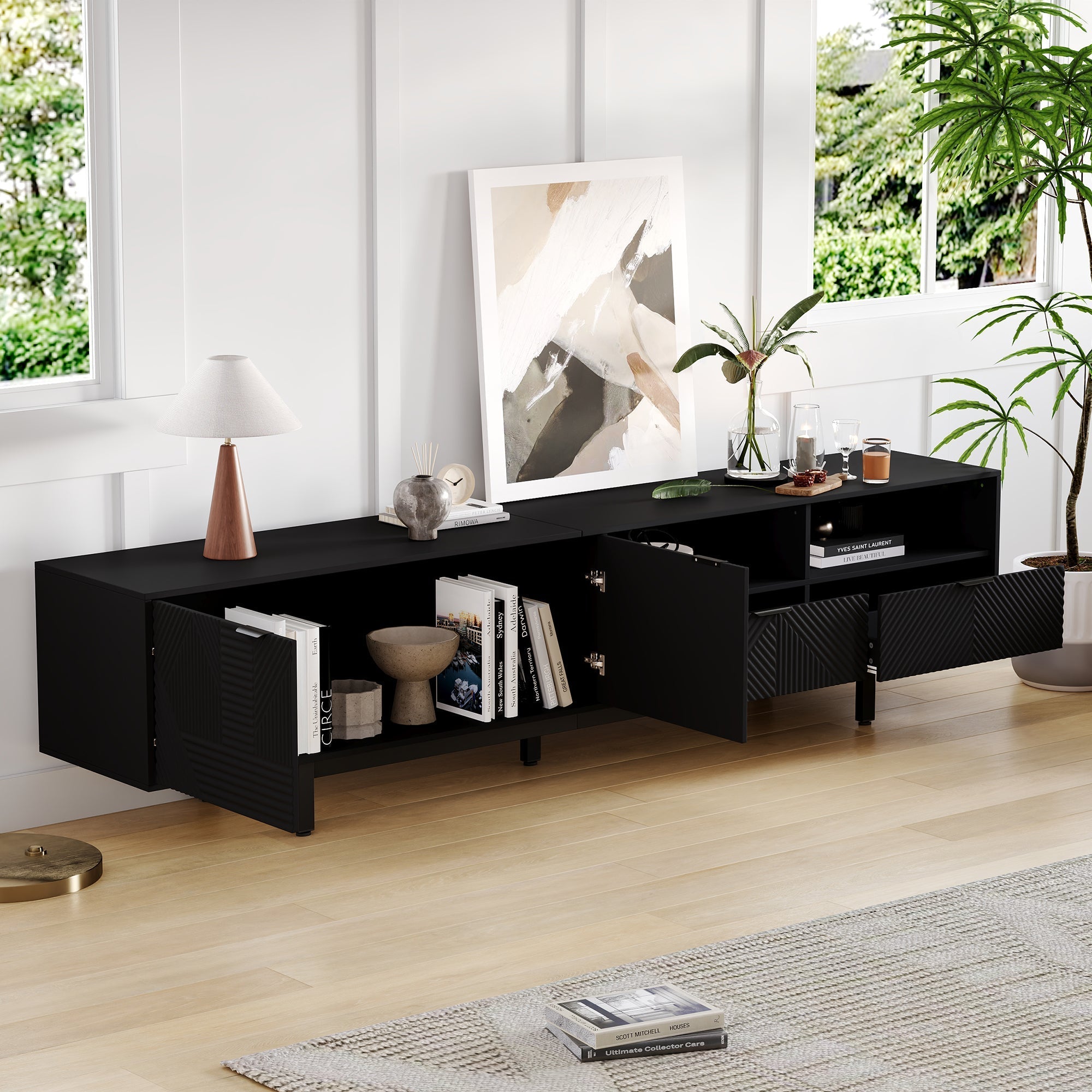 TV Cabinet, Modern Bohemian, Abstract Geometric, 90-inch, Black
