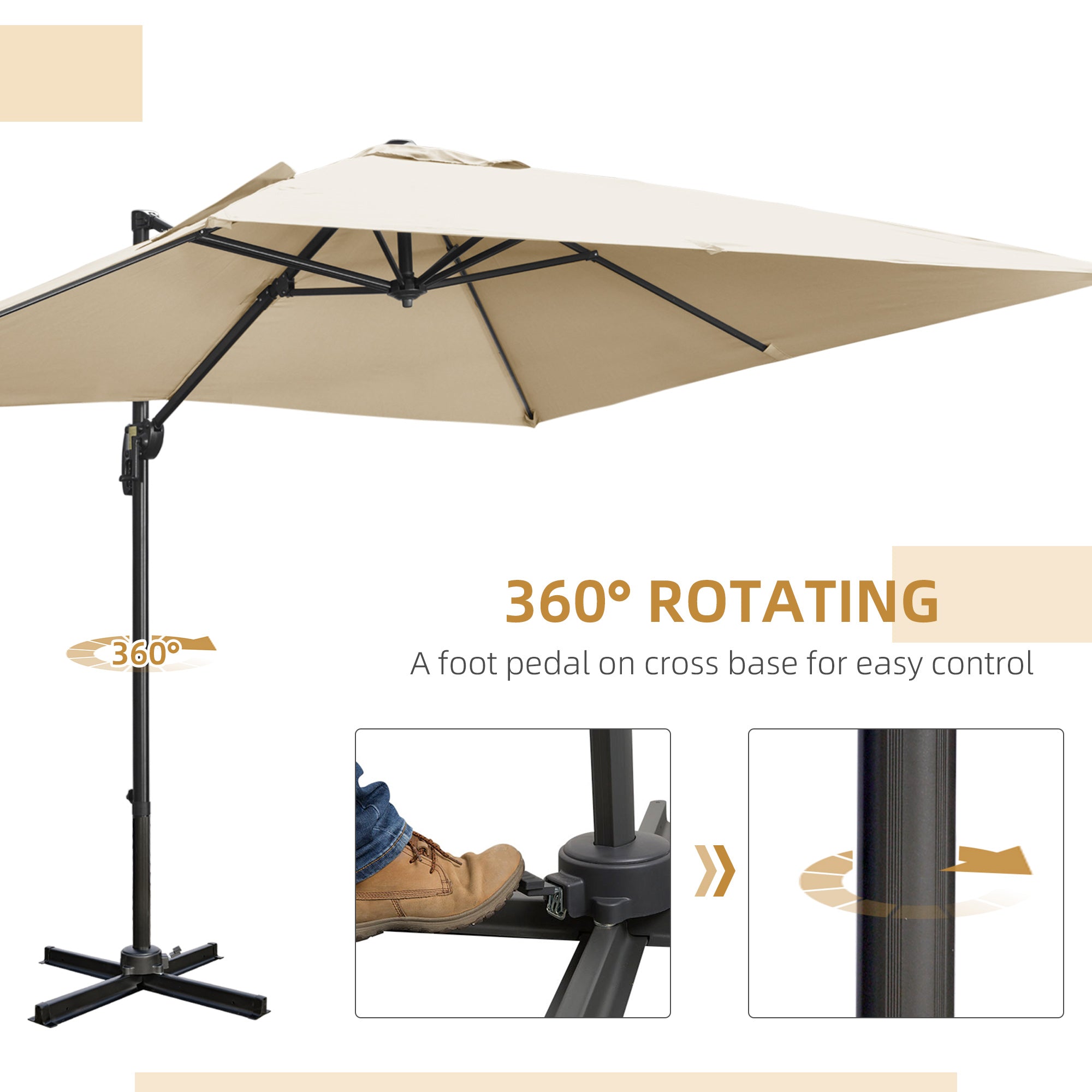 Cantilever Parasol Square Overhanging Umbrella with Crank, Tilt, 360° Rotation, Aluminium Frame, Cream White