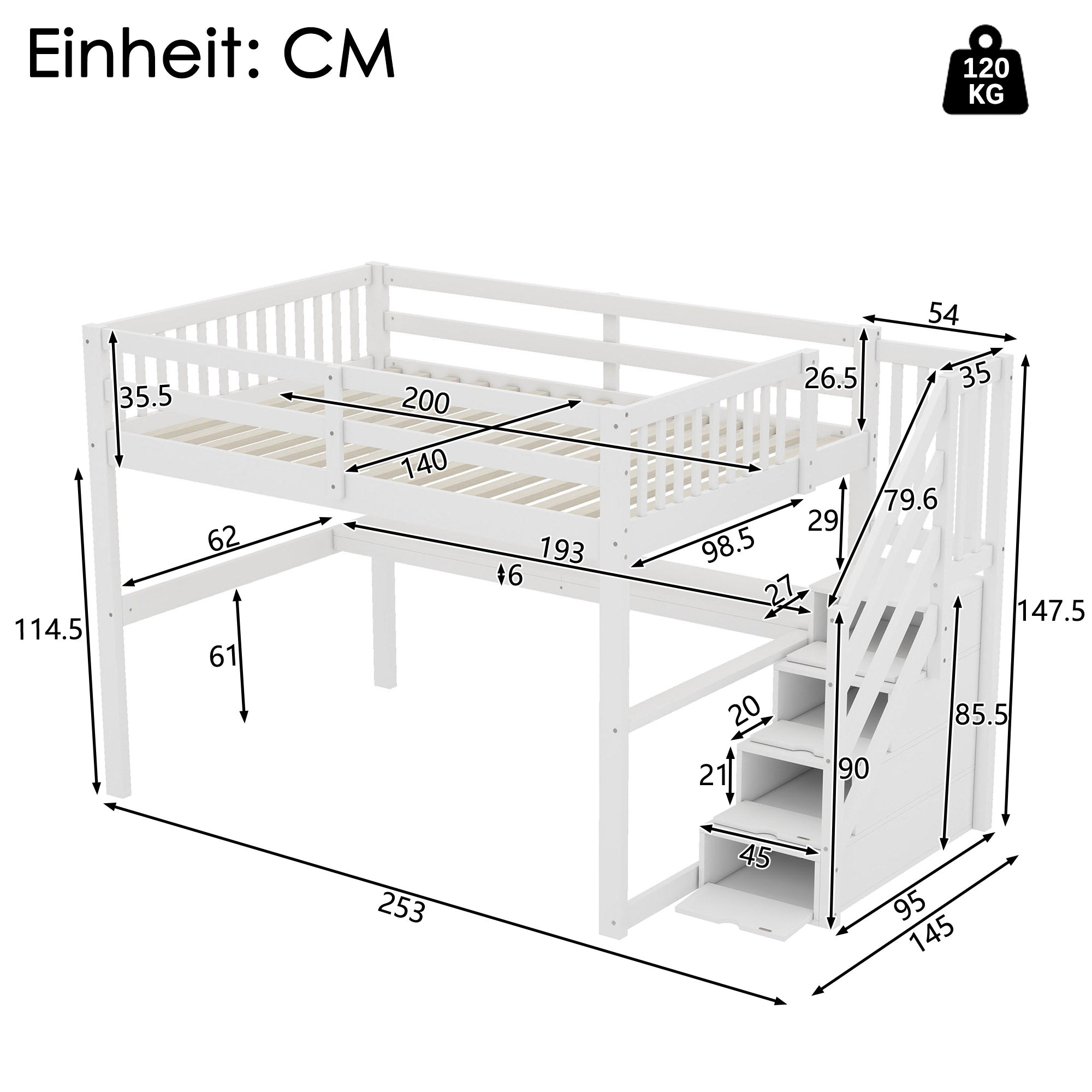 Loft Bed 140x200 Children's Storage Drawers Desk - White