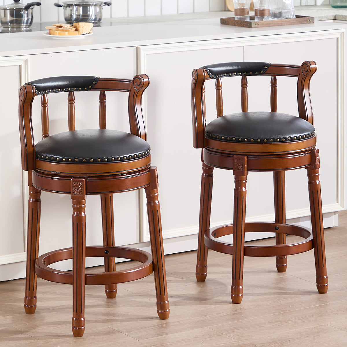 Cow Top Leather Bar Stools 360° Swivel with Backs Bar/Counter Height - Wooden/Leather