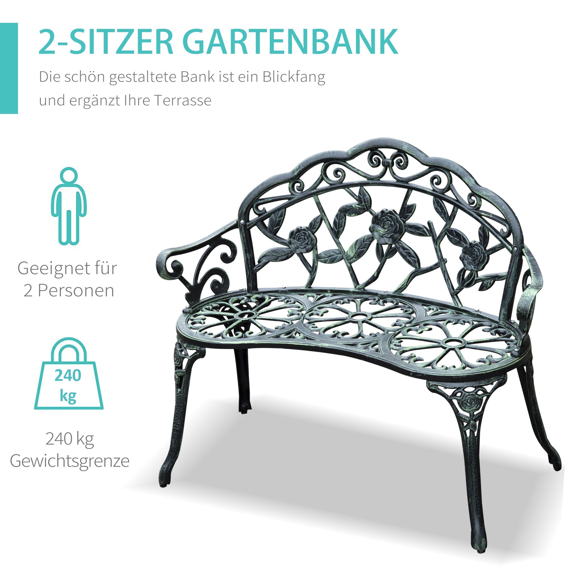 Garden Bench 2-Seater, 100cm Seat, Park/Patio Furniture, Metal