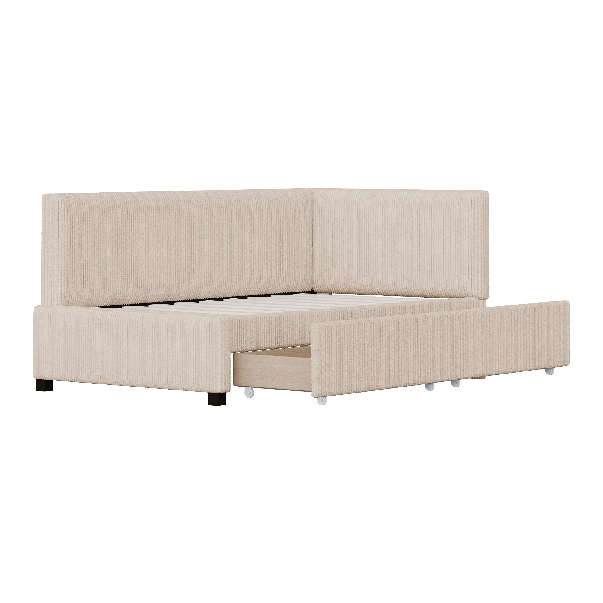 Upholstered Bed Sofa, 90x200 Multifunctional with Storage Drawers, Beige Velvet
