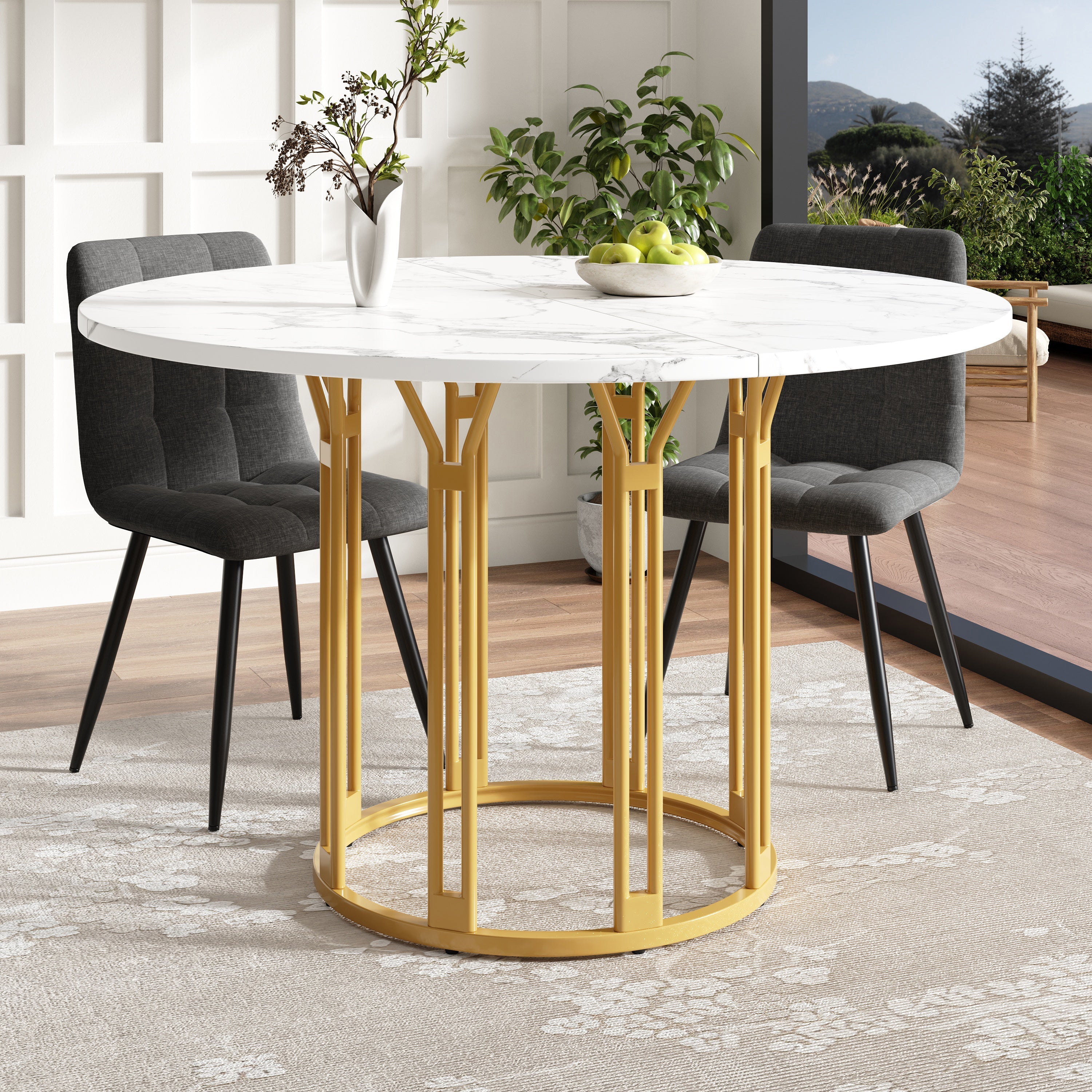 Dining Table Set 5-Piece Round Marble Top 4 Chairs Linen Bench - Grey