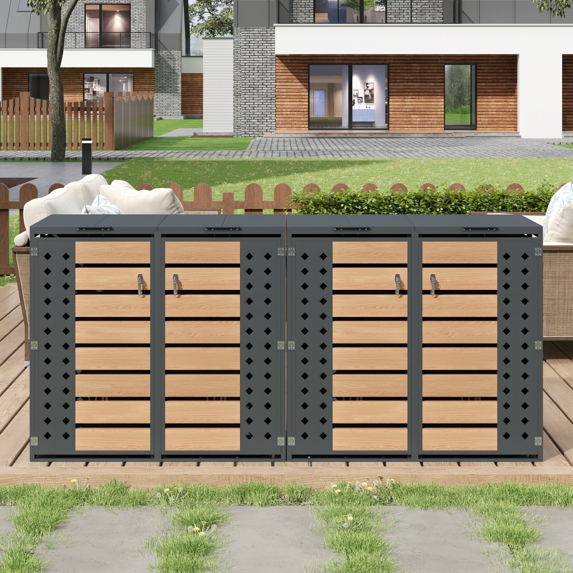 Garbage Can Storage Box with Hinged Lid, Lockable Four Doors, and Diamond-Shaped Hollow Panels, Metal