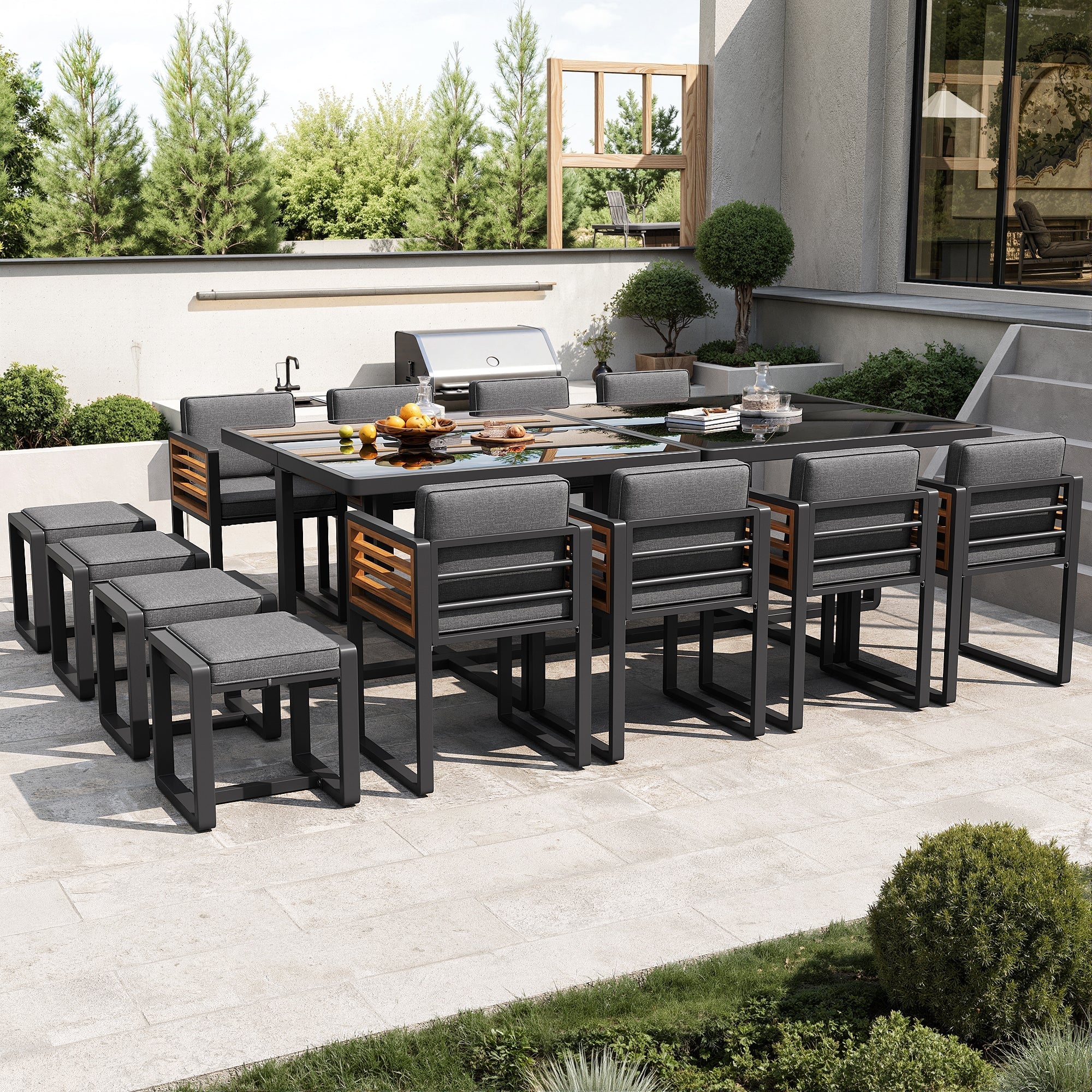 Garden Furniture Set with 12 Chairs and Table for 12 People, Glass Tabletop