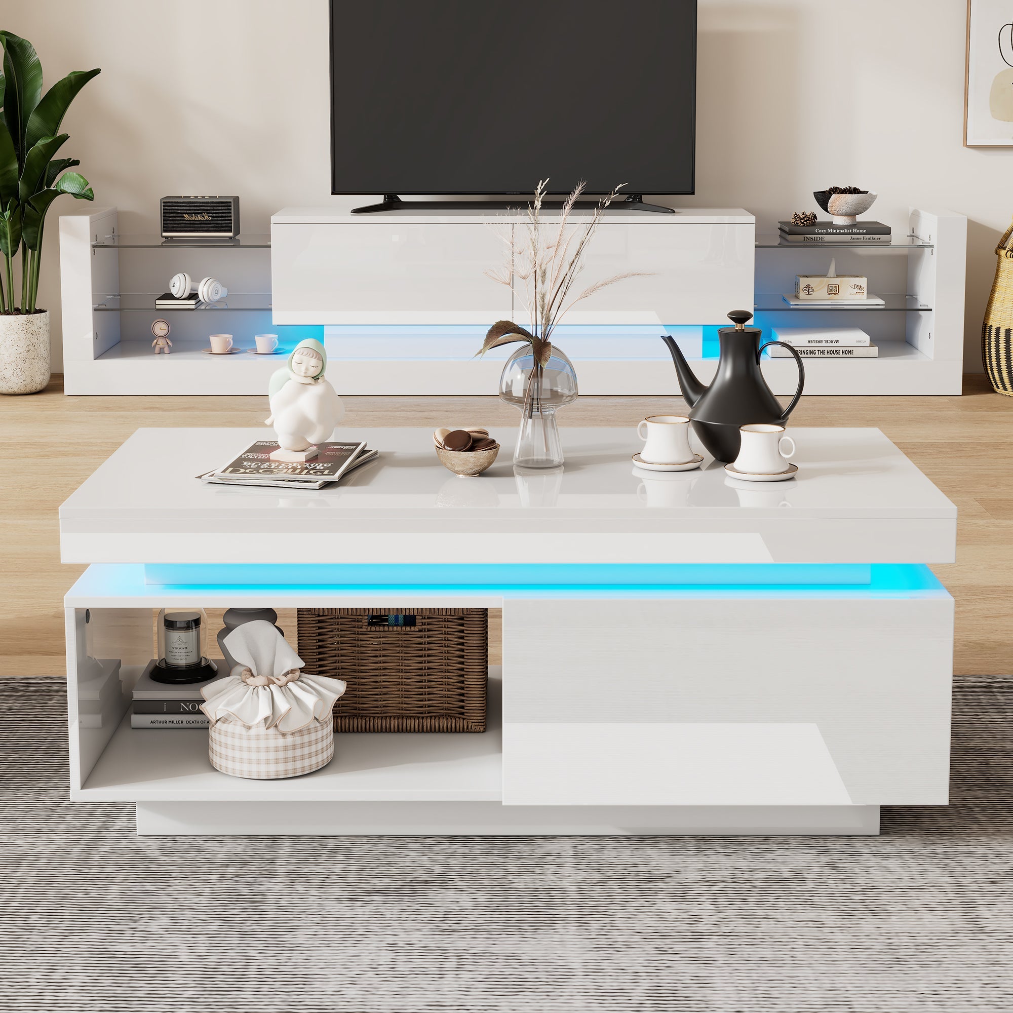 Modern high-gloss coffee table with LED lighting and drawer, 50 kg capacity