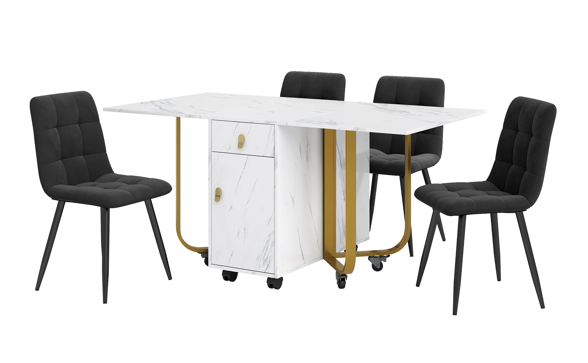 Dining Set, 4-Chair Folding Kitchen Table, Velvet Chairs, White MDF & Black Legs