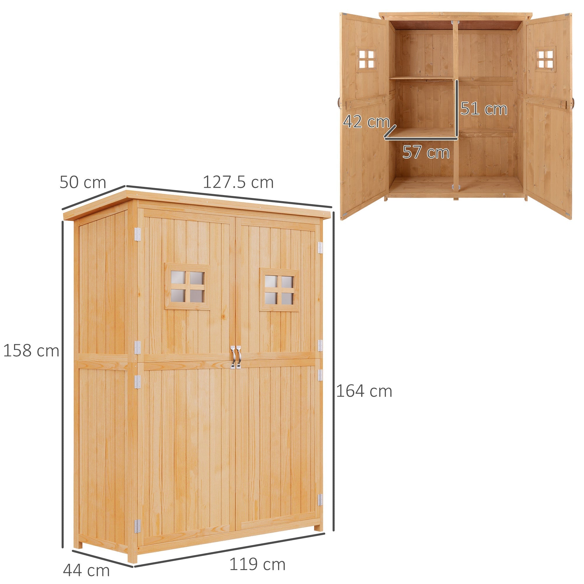 Wooden Garden Shed Tool Storage Cabinet Double Door Organizer, Natural