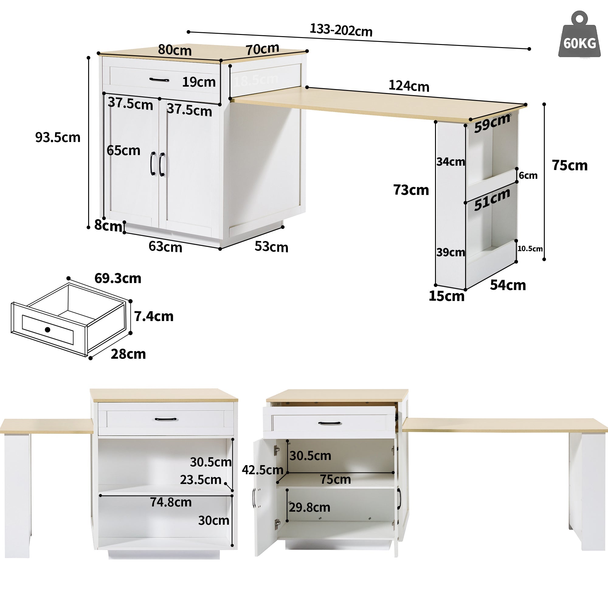 Extendable Bar Table 133-202cm with Storage, 2 Drawers & Side Shelves - White