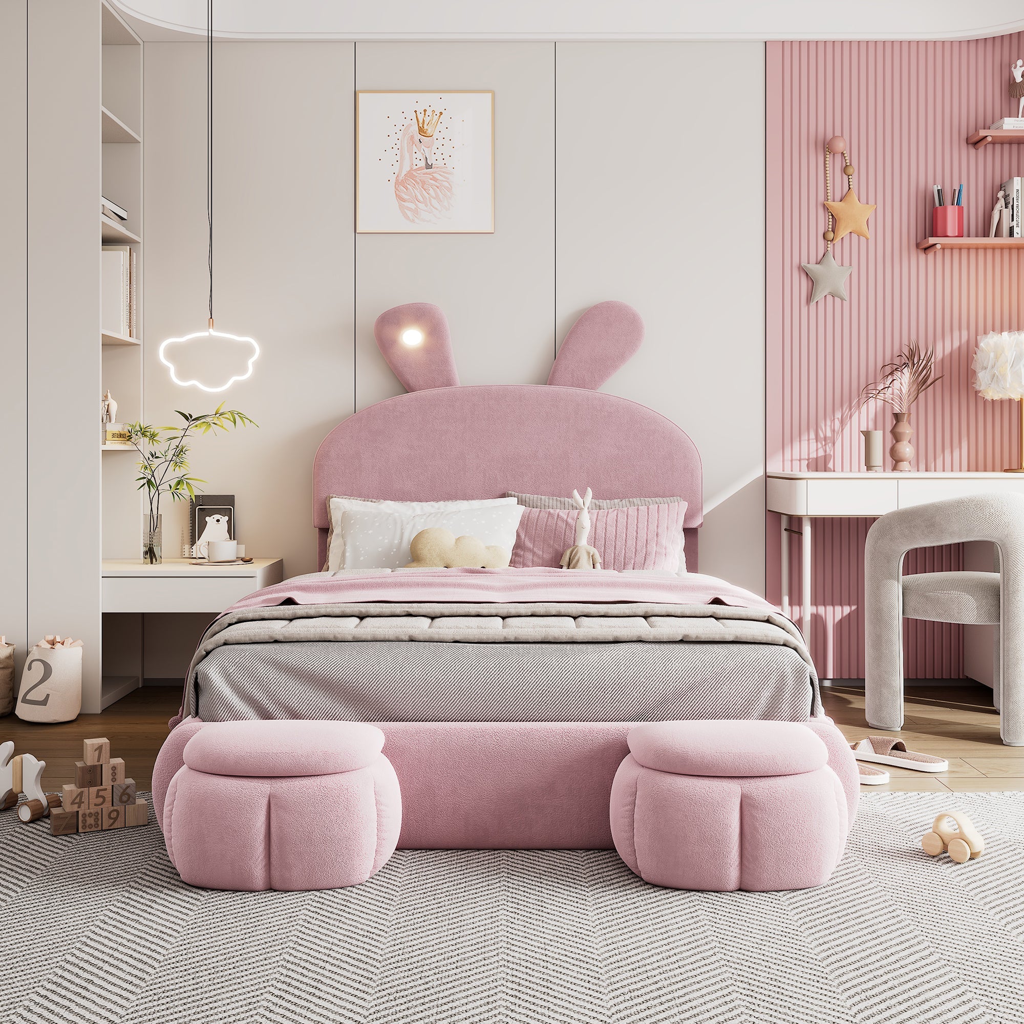 Upholstered Bed Hydraulic Storage, Bunny Ears LED Strips, 140x200cm, Stools, Velvet Pink