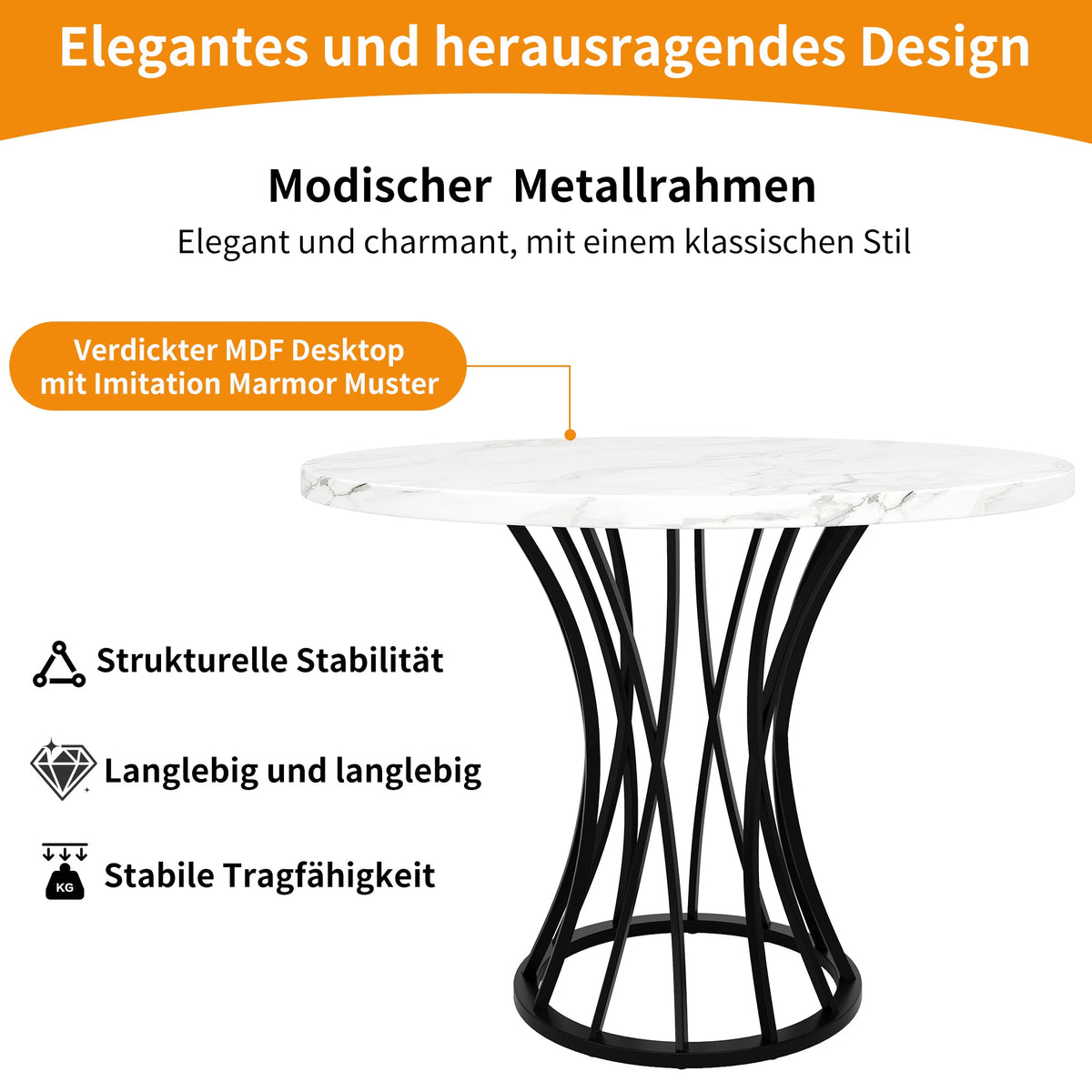 Round Dining Table 80x80cm Marbled Top 4-6 Seater - Black Legs